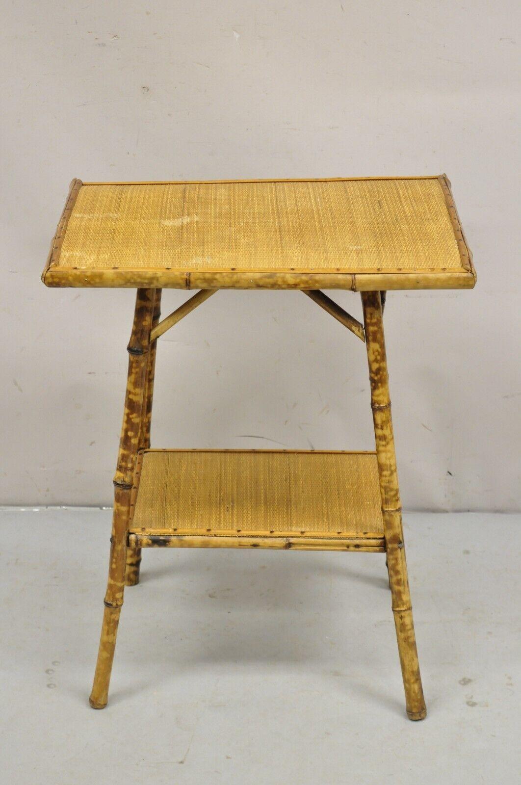 Antique English Victorian Bamboo and Cane 2 Tier Plant Stand Side Table. Circa 1900 Measurements: 25.5
