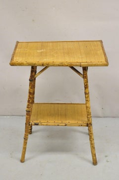 Antique English Victorian Bamboo and Cane 2 Tier Plant Stand Side Table