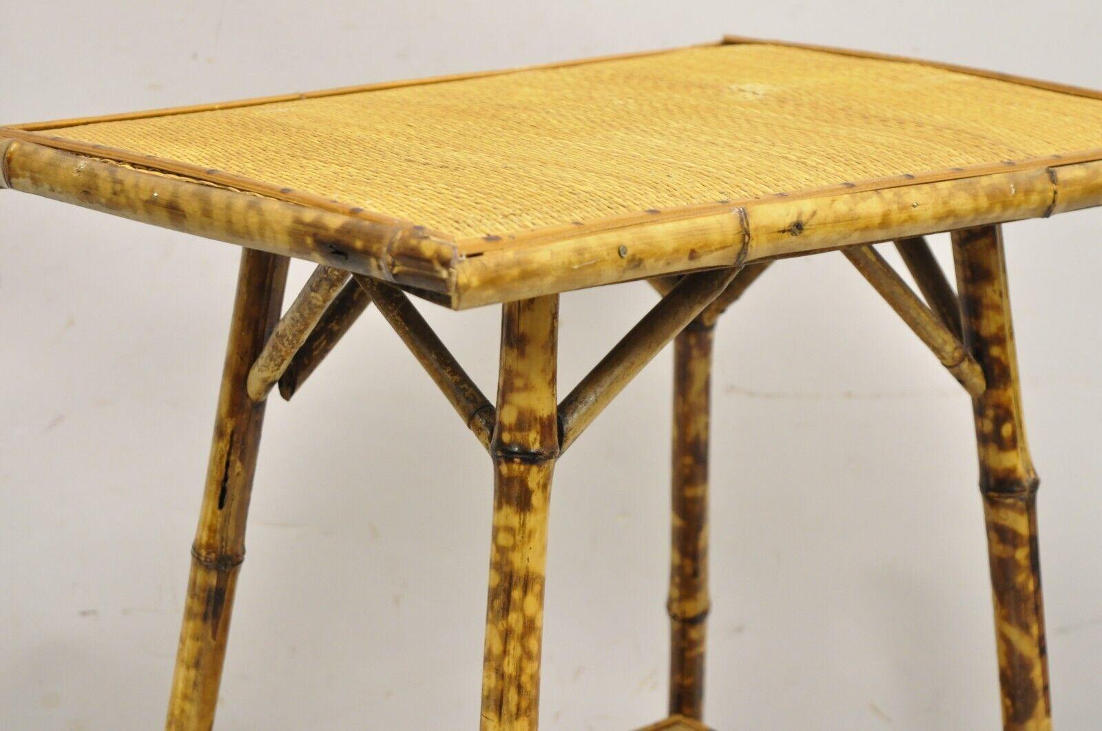 Early 20th Century Antique English Victorian Bamboo and Cane 2 Tier Plant Stand Side Table For Sale
