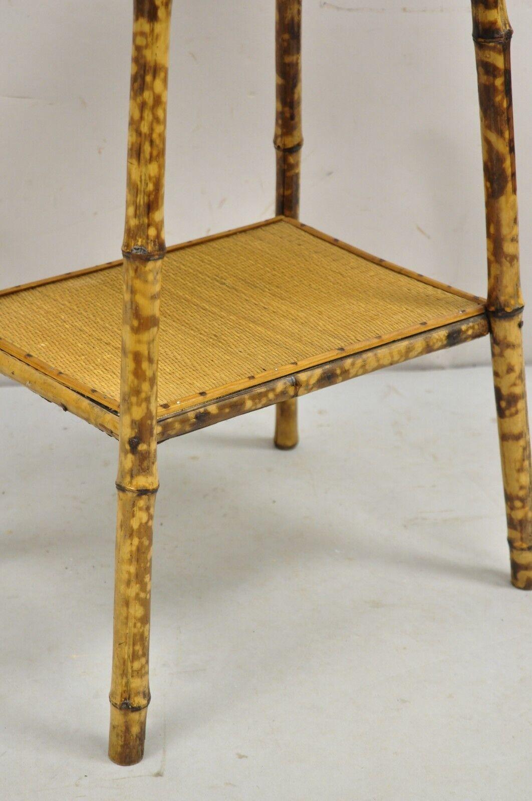 Antique English Victorian Bamboo and Cane 2 Tier Plant Stand Side Table For Sale 1