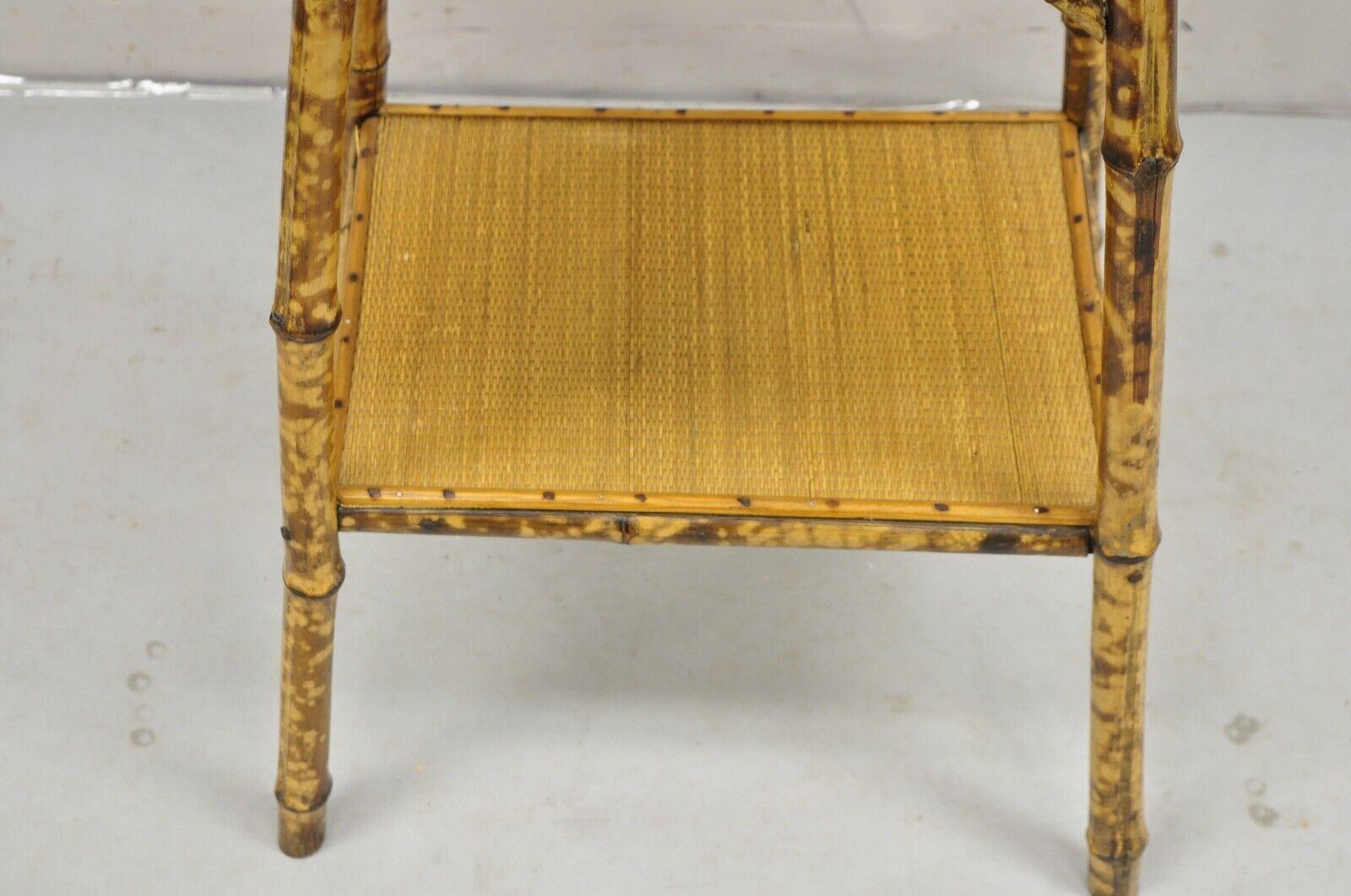 Antique English Victorian Bamboo and Cane 2 Tier Plant Stand Side Table For Sale 4