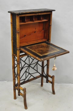 Antique English Victorian Bamboo Chinoiserie Compact Fall Front Secretary Desk