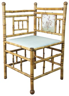 Antique English Victorian Bamboo Corner Chair Silk Upholstered Seat Dragon Scene