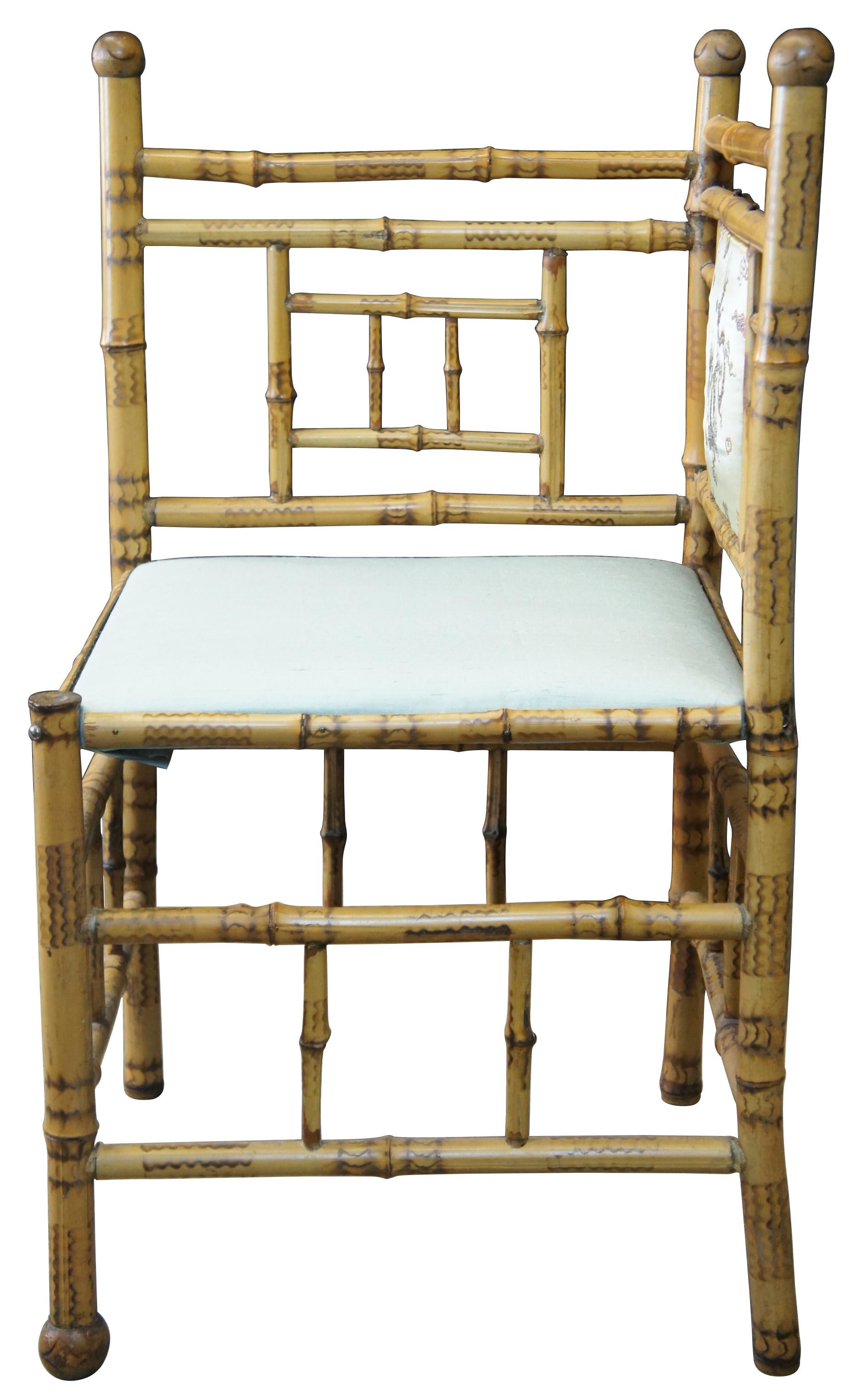 Chinoiserie Antique English Victorian Bamboo Corner Chair Silk Upholstered Seat Dragon Scene For Sale