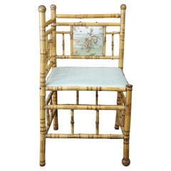 Antique English Victorian Bamboo Corner Chair Silk Upholstered Seat Dragon Scene