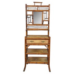 Antique English Victorian Bamboo & Rattan Mirrored Etagere Shelf Stand Boho Chic