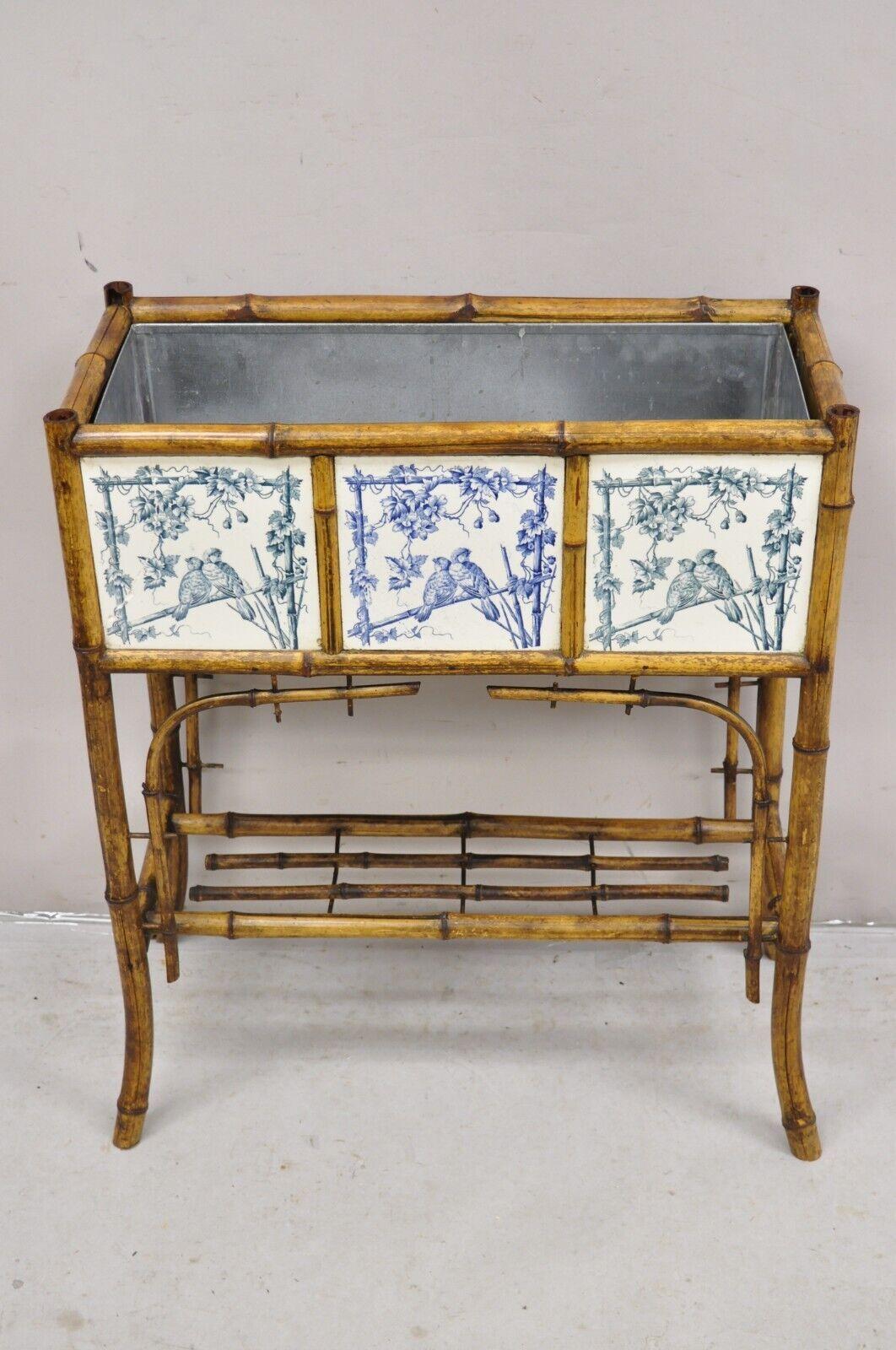 Antique English Victorian Bamboo Standing Planter with Porcelain Bird Tiles In Good Condition In Philadelphia, PA