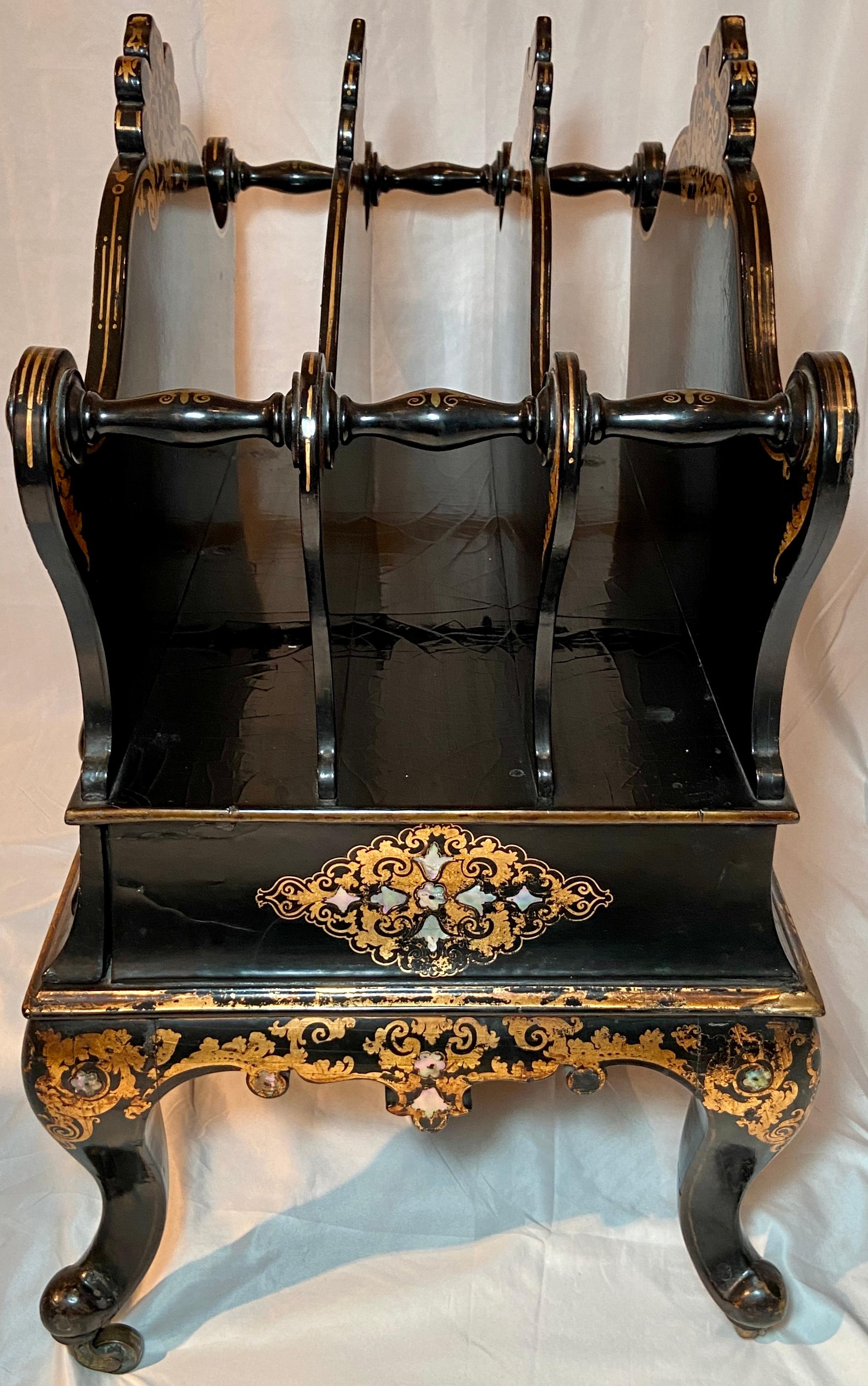 Antique English Victorian Black Lacquer with Mother of Pearl Canterbury, Ca 1860 For Sale 8