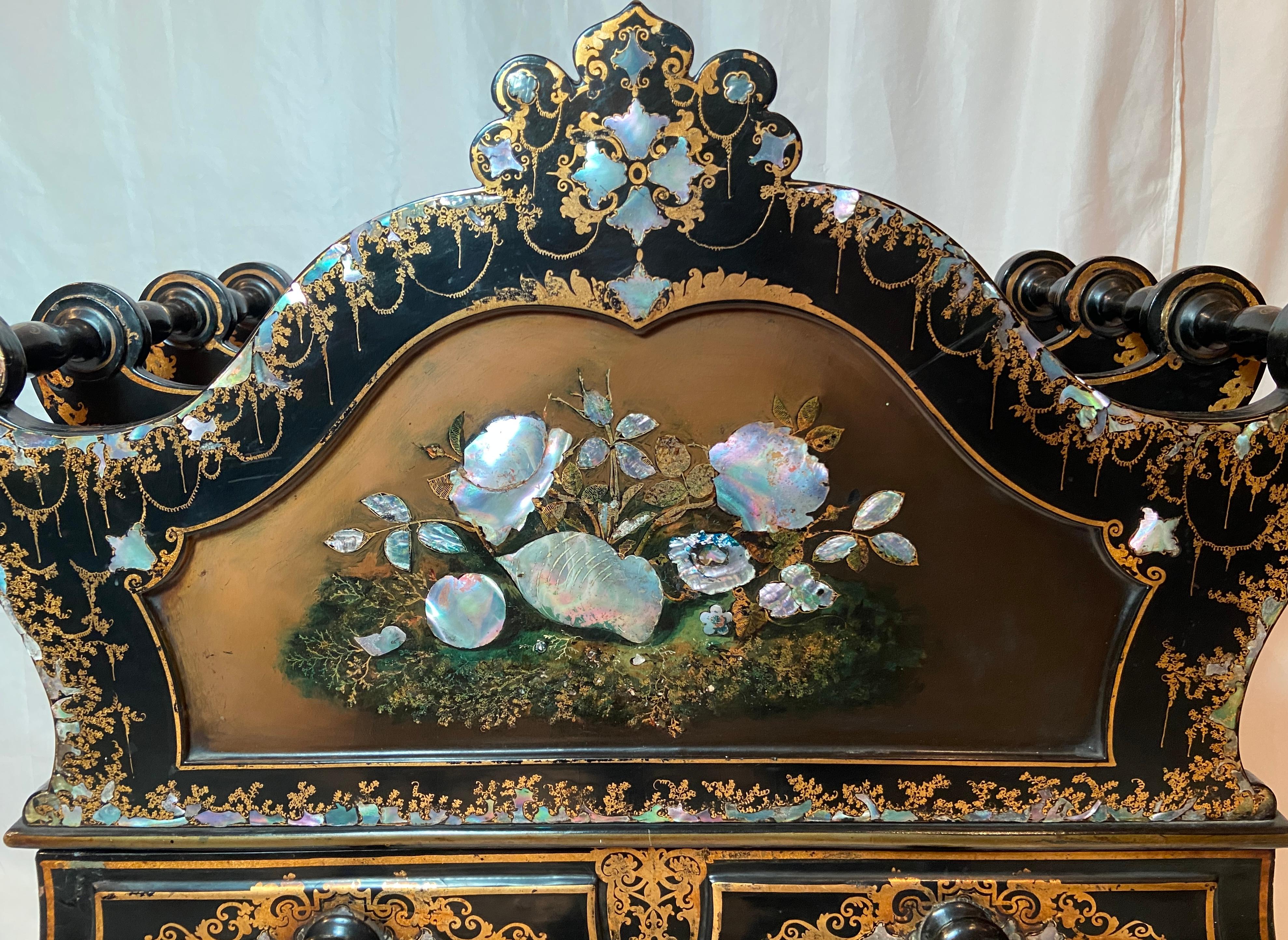 Rare Antique English Victorian Black Lacquer Canterbury with Gold and Mother of Pearl Inlay, Circa 1860.