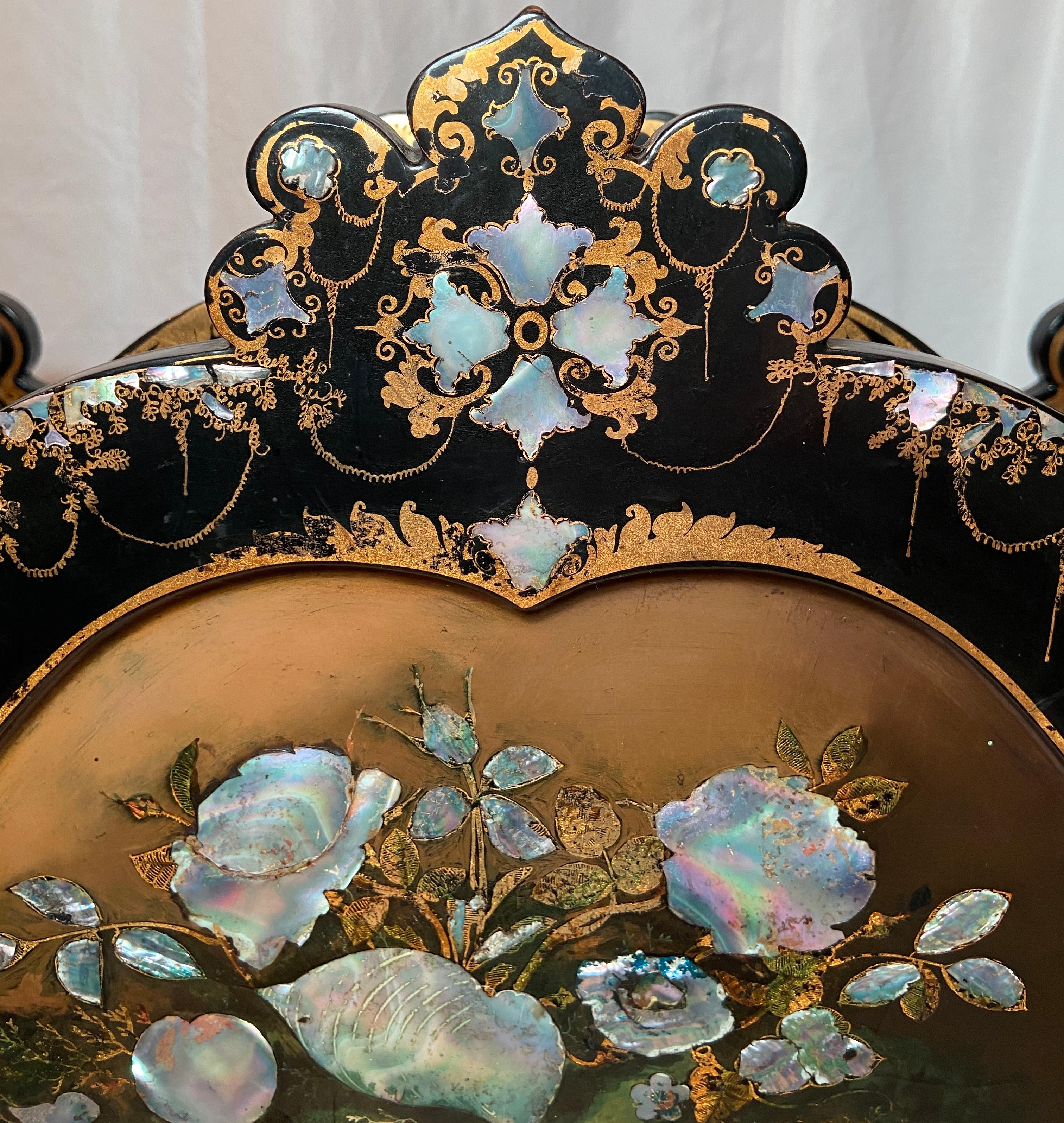 Antique English Victorian Black Lacquer with Mother of Pearl Canterbury, Ca 1860 In Good Condition For Sale In New Orleans, LA