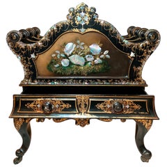 Antique English Victorian Black Lacquer with Mother of Pearl Canterbury, Ca 1860
