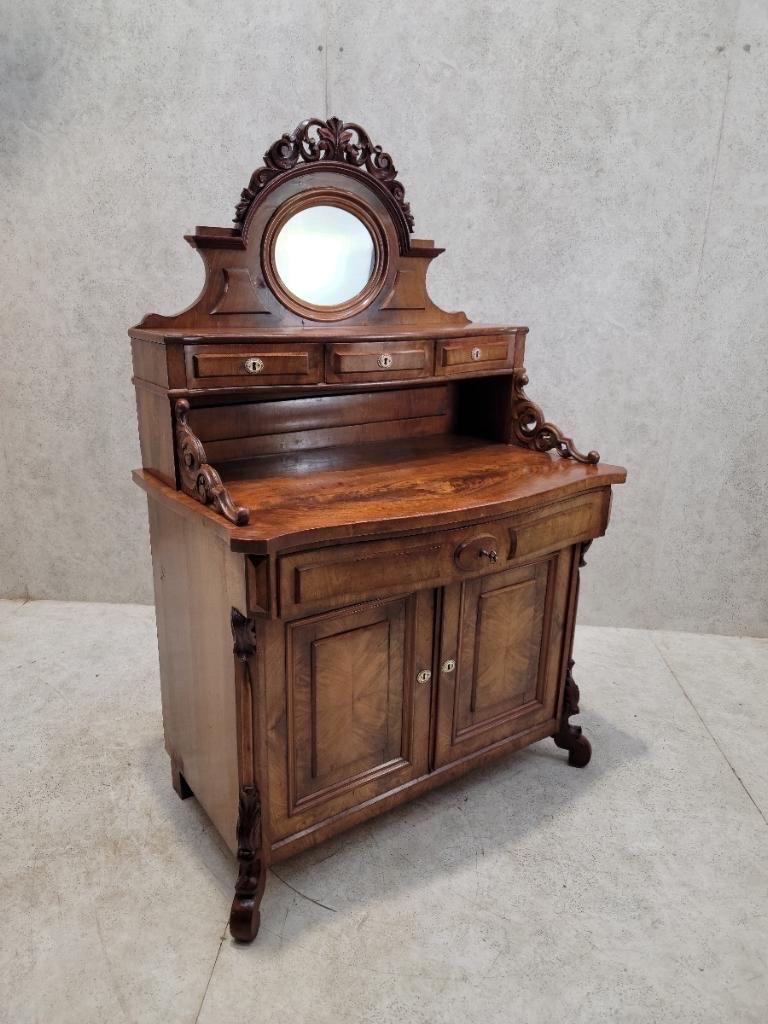 19th Century Antique English Victorian Bookmatched Mahogany Mirror Topped Chiffonier For Sale