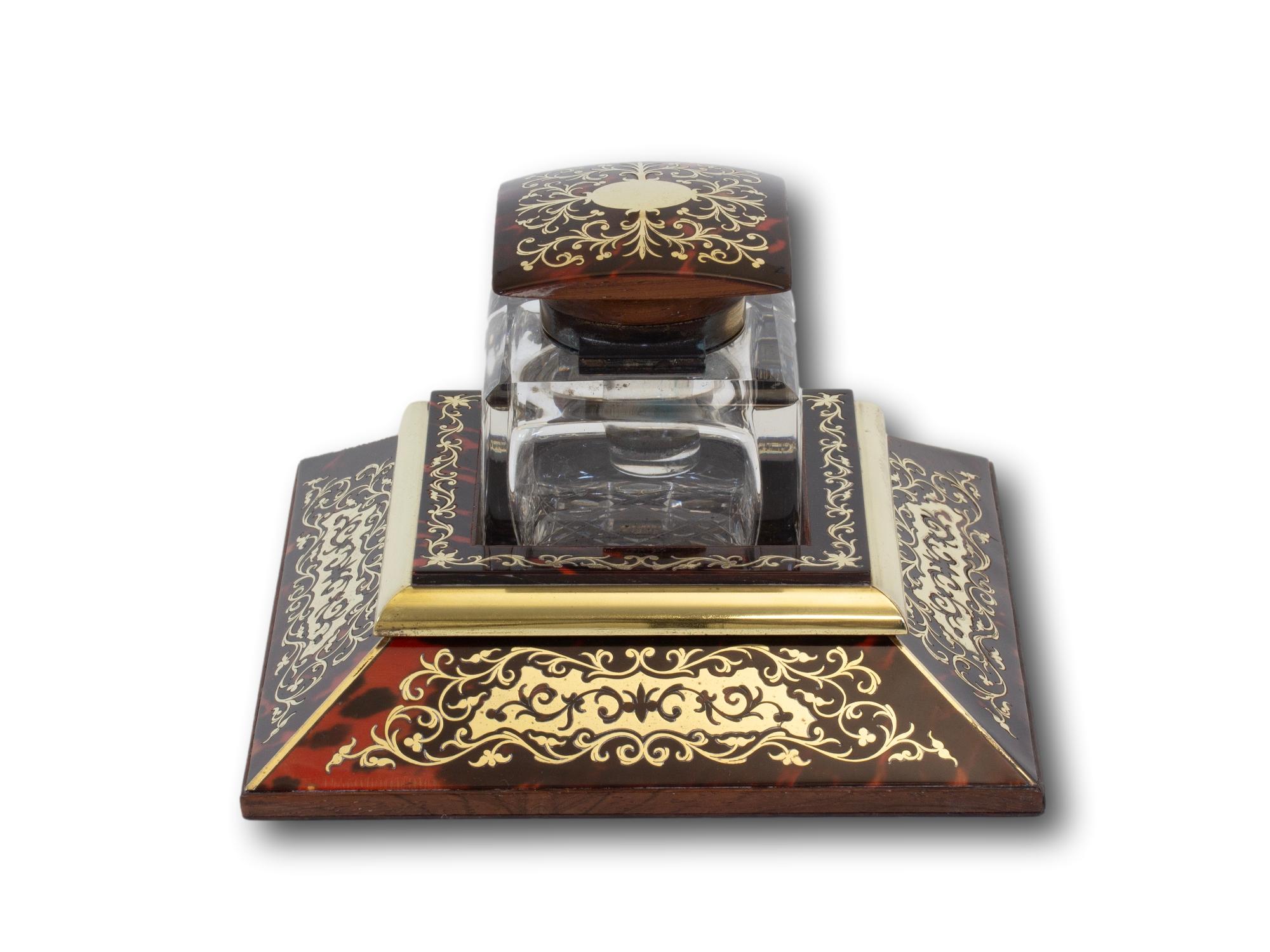 Brass Antique English Victorian Boulle Inkwell by JC Vickery For Sale