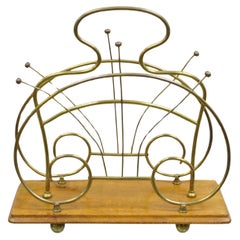 Antique English Victorian Brass and Oak Wood Scrolling Magazine Rack