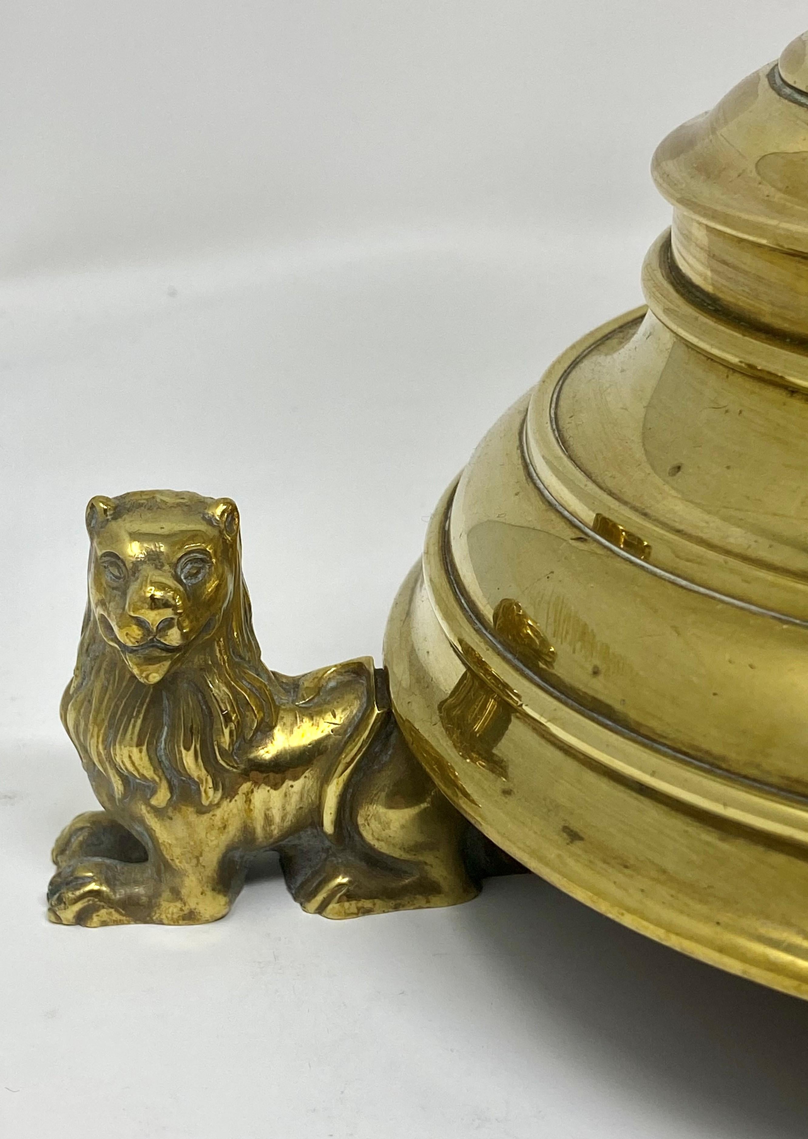 19th Century Antique English Victorian Brass Candlestick with Lions, circa 1880-1890 For Sale