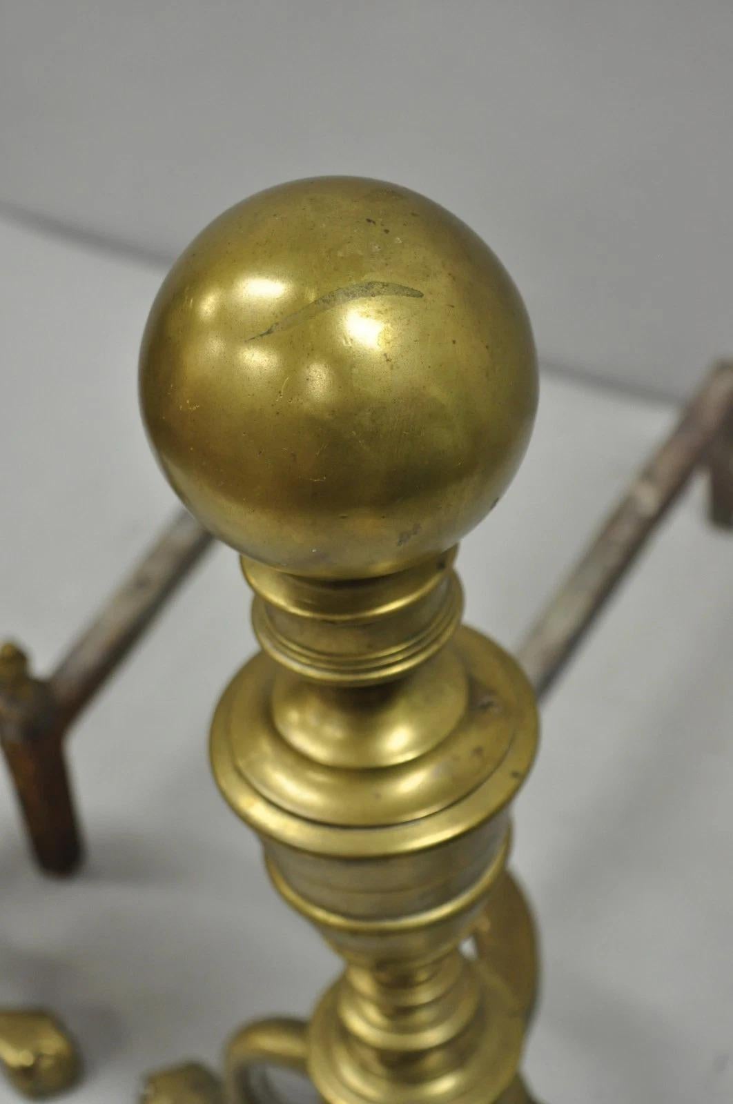 Antique English Victorian Brass Cannonball Ball and Claw Fireplace Andirons Pair For Sale 4