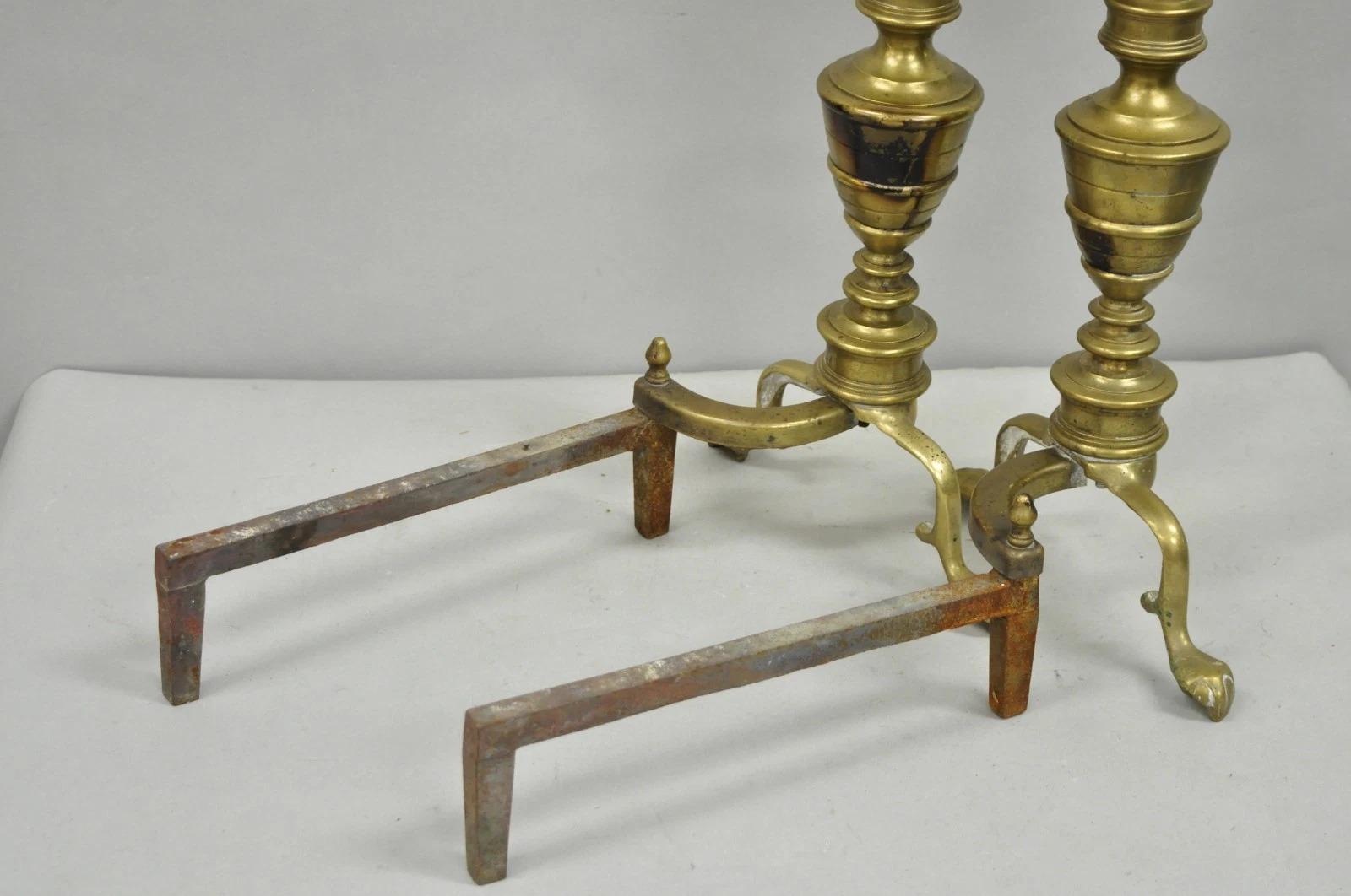 Antique English Victorian Brass Cannonball Ball and Claw Fireplace Andirons Pair For Sale 5