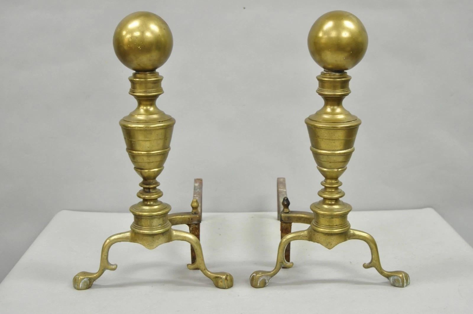 Antique English Victorian Brass Cannonball Ball and Claw Fireplace Andirons Pair For Sale 6