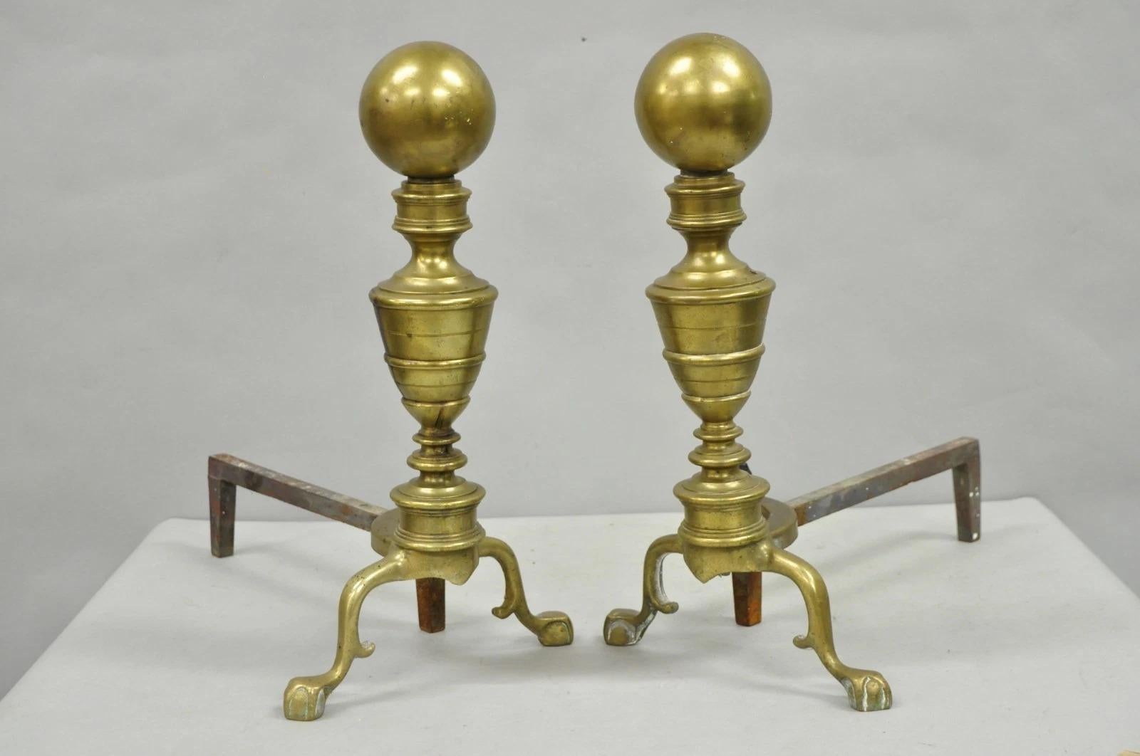 Antique English Victorian Brass Cannonball Ball and Claw Fireplace Andirons - a Pair. Circa Early 20th Century. Measurements: 18.5