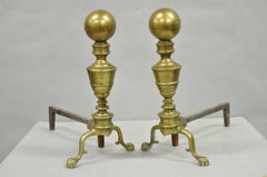 Antique English Victorian Brass Cannonball Ball and Claw Fireplace Andirons Pair