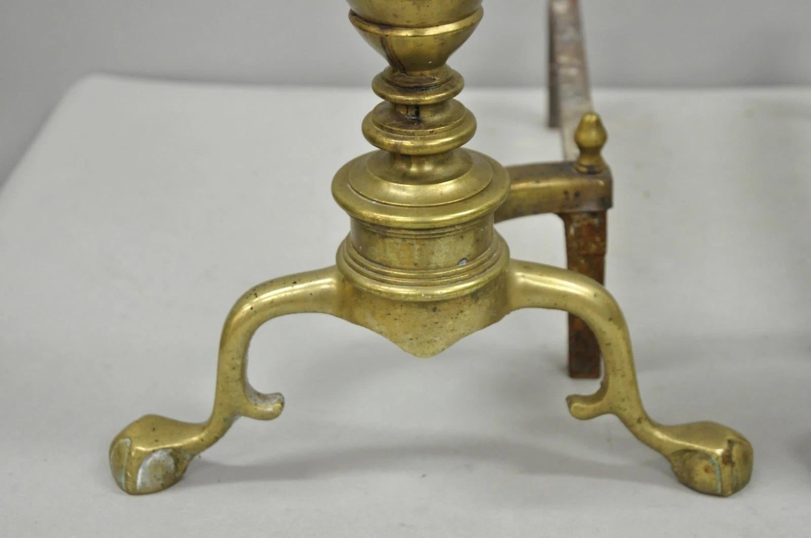 Cast Antique English Victorian Brass Cannonball Ball and Claw Fireplace Andirons Pair For Sale