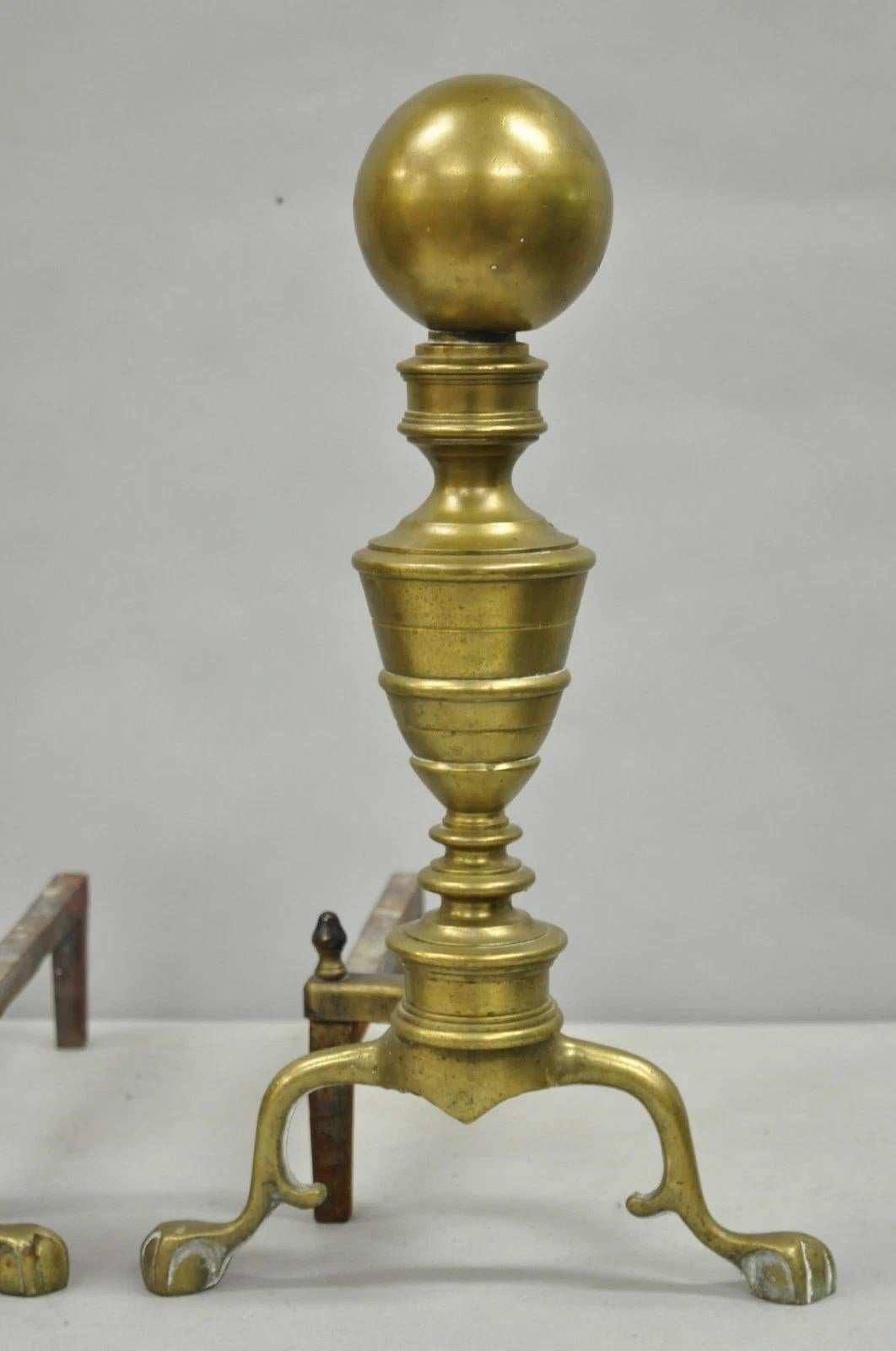 Antique English Victorian Brass Cannonball Ball and Claw Fireplace Andirons Pair In Good Condition For Sale In Philadelphia, PA