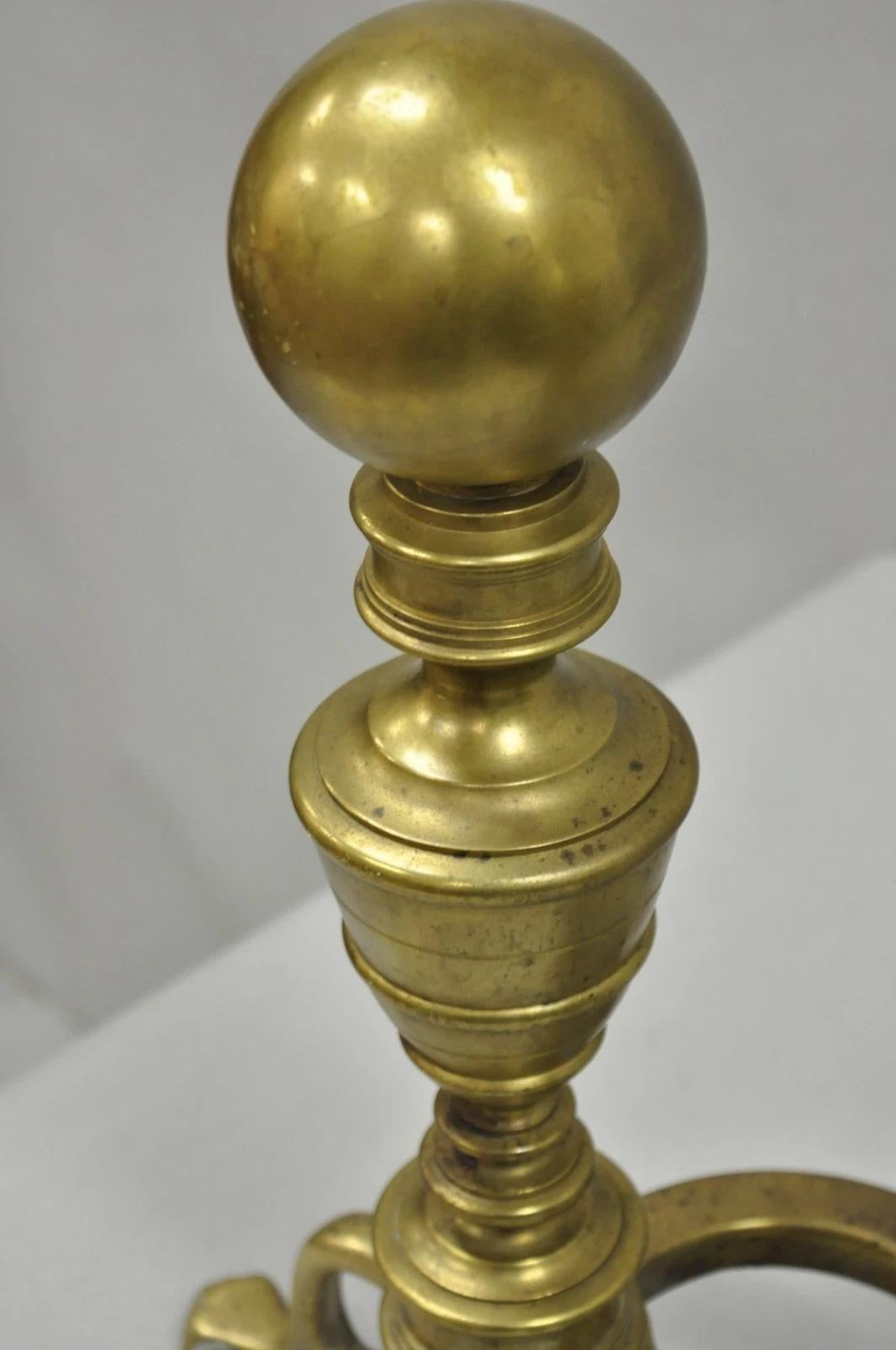20th Century Antique English Victorian Brass Cannonball Ball and Claw Fireplace Andirons Pair For Sale
