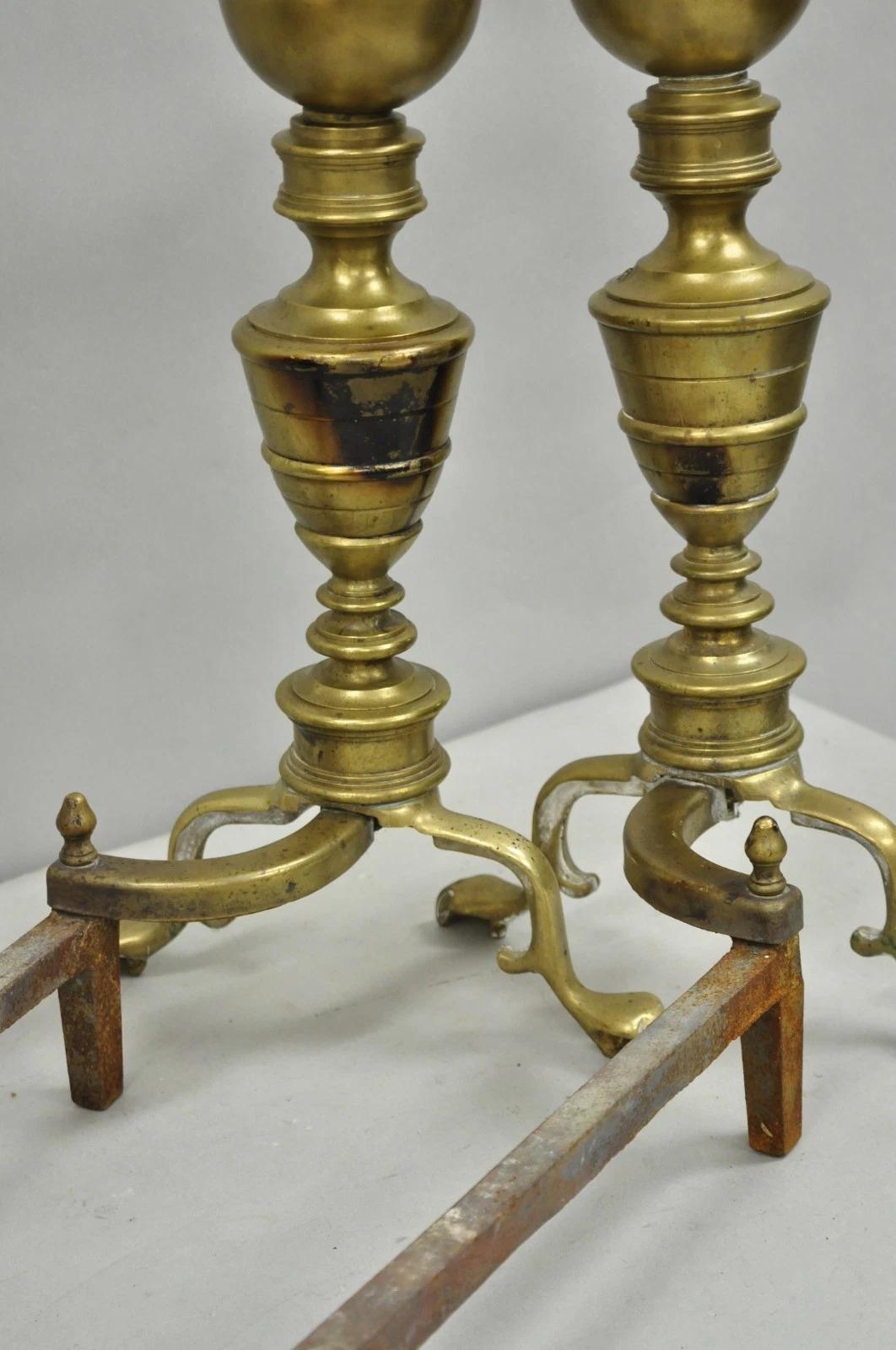 Antique English Victorian Brass Cannonball Ball and Claw Fireplace Andirons Pair For Sale 2
