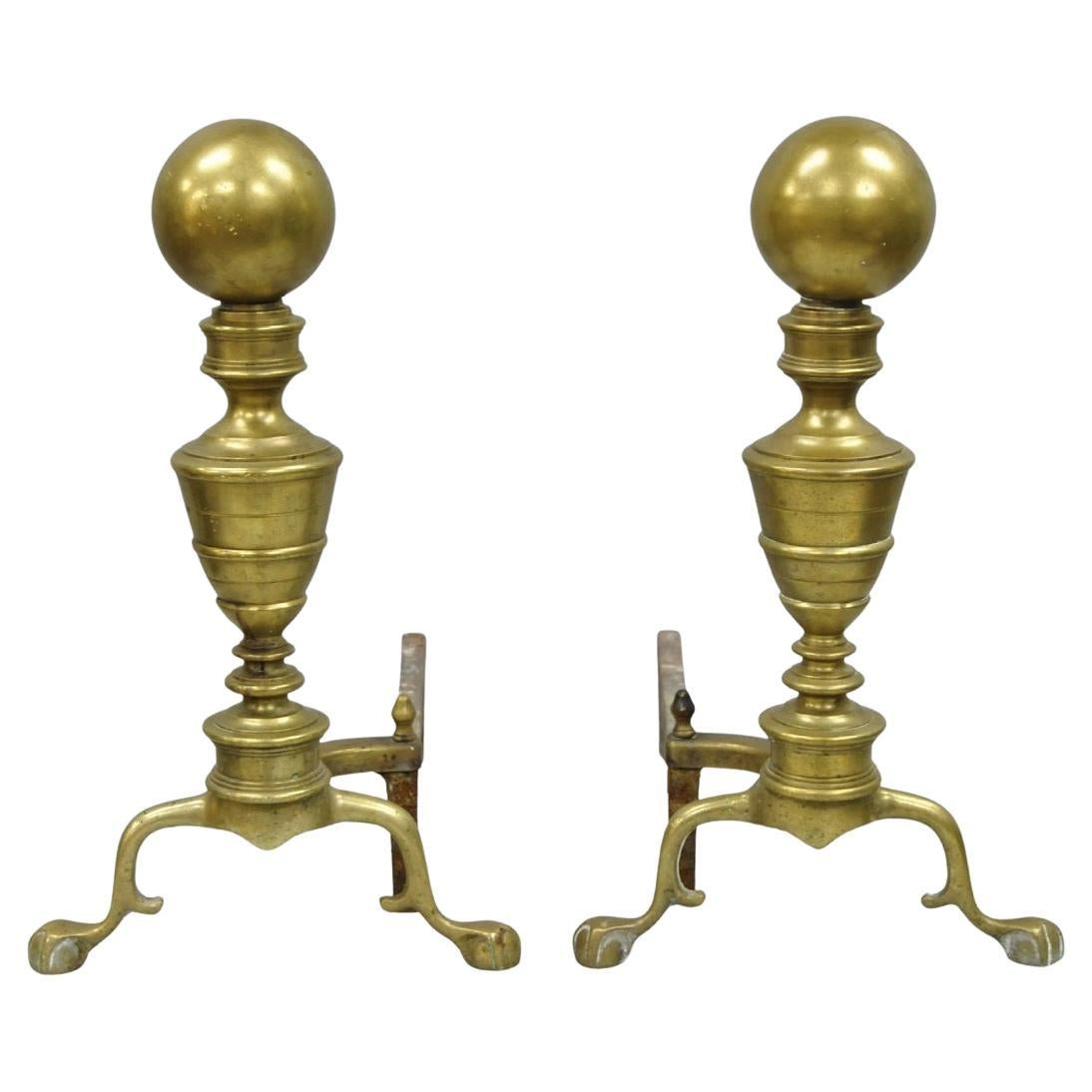 Antique English Victorian Brass Cannonball Ball and Claw Fireplace Andirons Pair For Sale