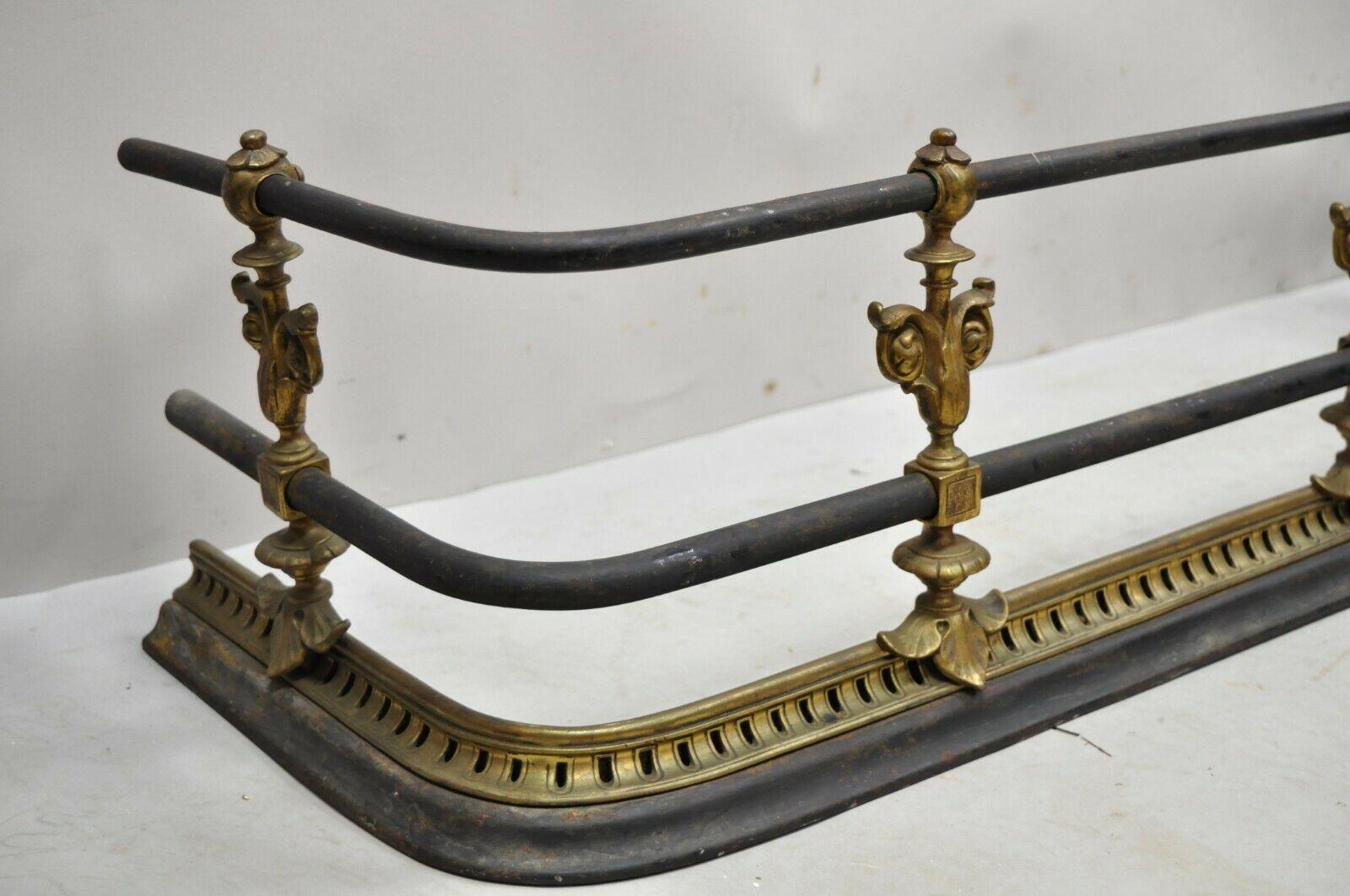 European Antique English Victorian Brass Cast Iron Leaf Scroll Fireplace Surround Fender For Sale