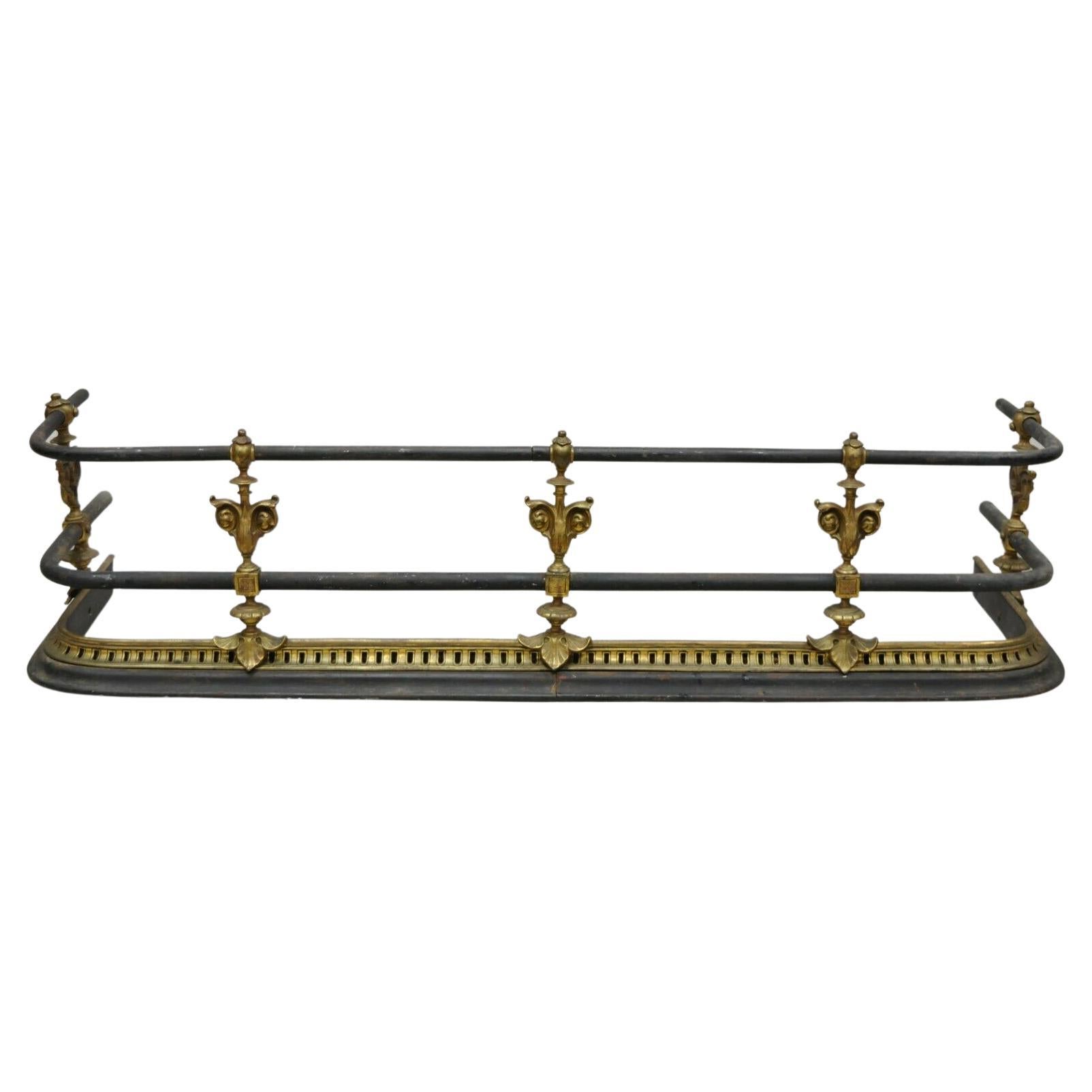 Antique English Victorian Brass Cast Iron Leaf Scroll Fireplace Surround Fender For Sale