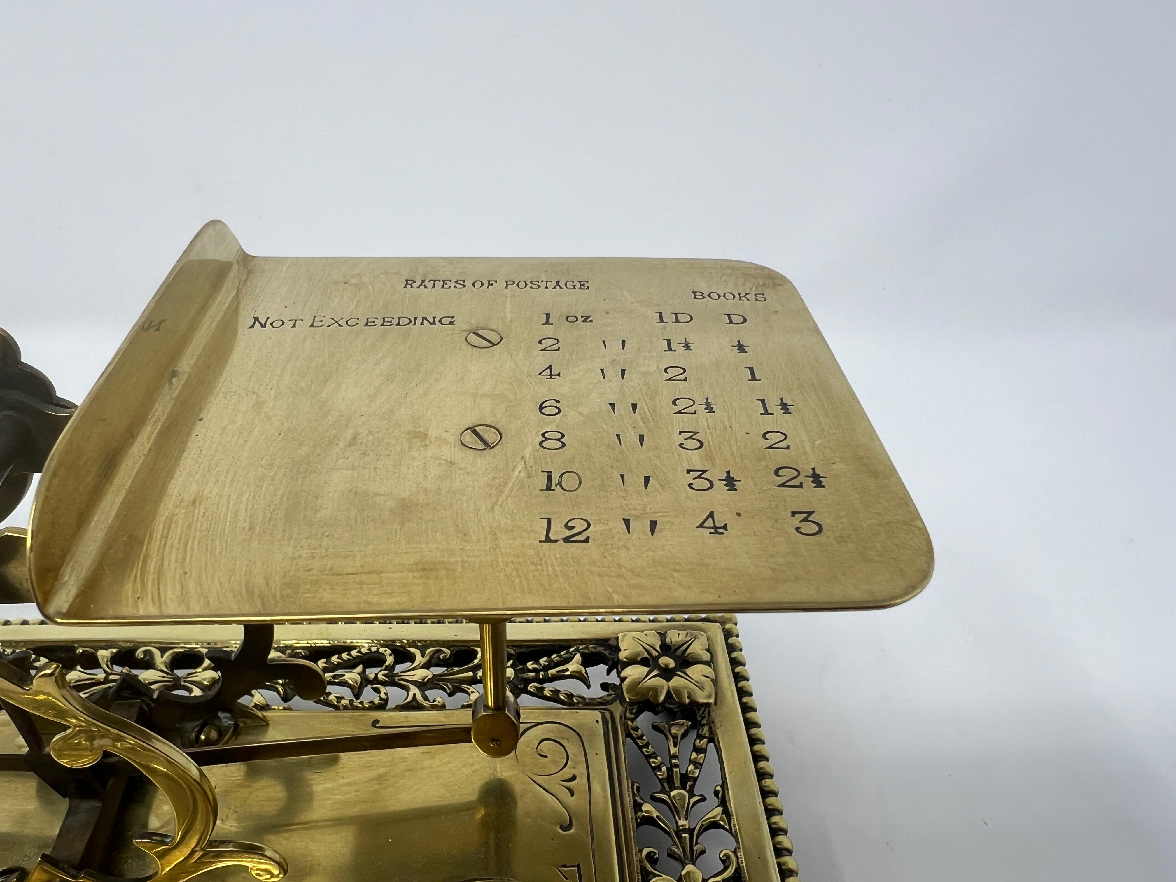 Antique English Victorian Brass Letter Scale with Weights, Circa 1880-1890.