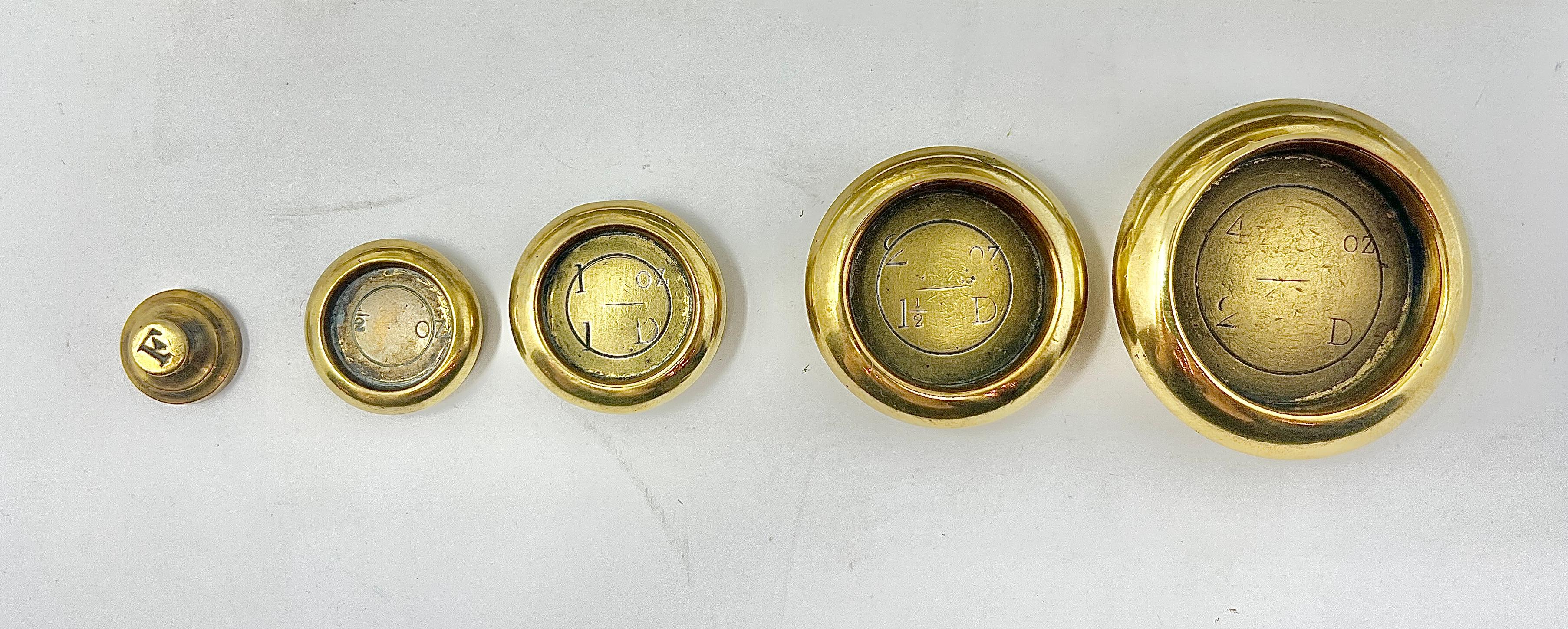 Antique English Victorian Brass Letter Scale & Weights, Circa 1880-1890. For Sale 1