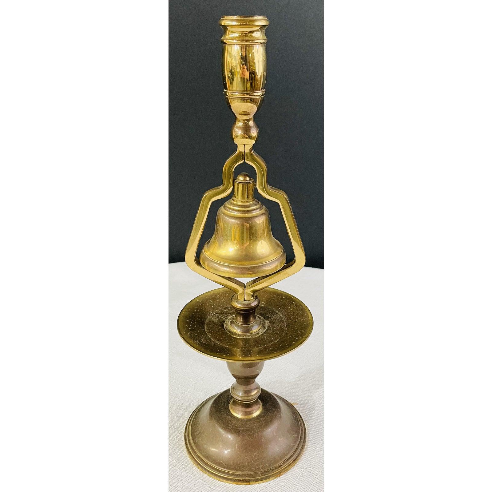 Antique English Victorian Brass Tavern Candlestick with Service Bell For Sale 1