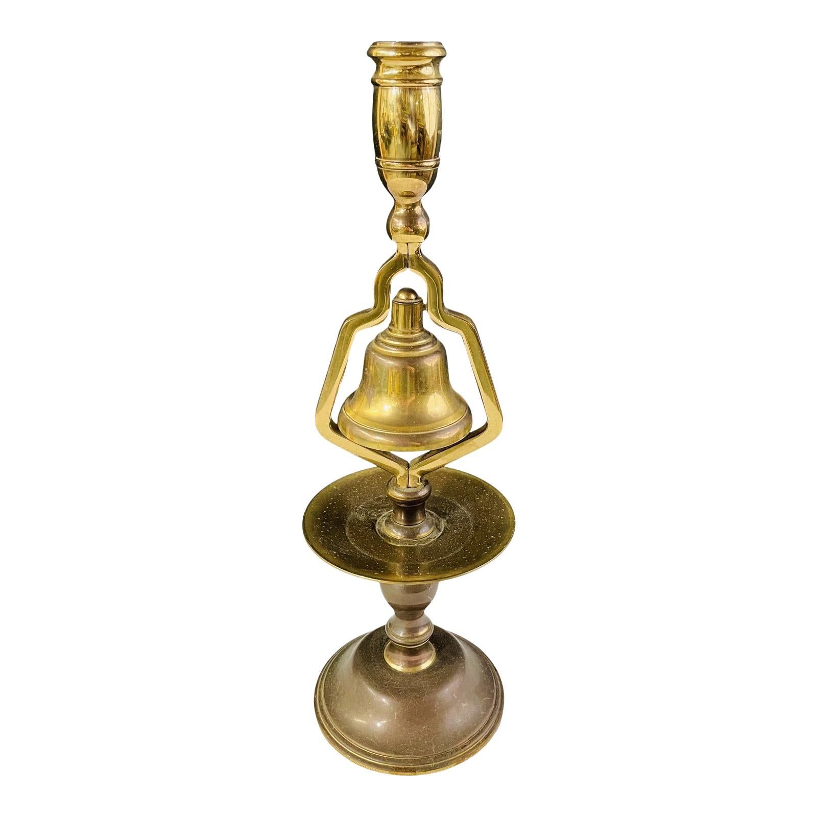 Antique English Victorian Brass Tavern Candlestick with Service Bell