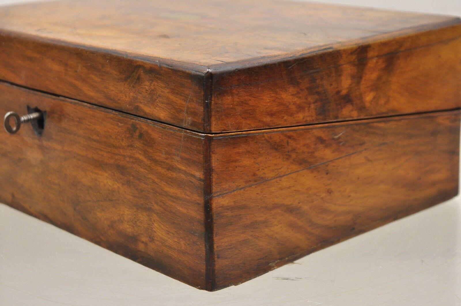 Antique English Victorian Burl Walnut Small Lap Desk Box with Fitted Interior For Sale 7