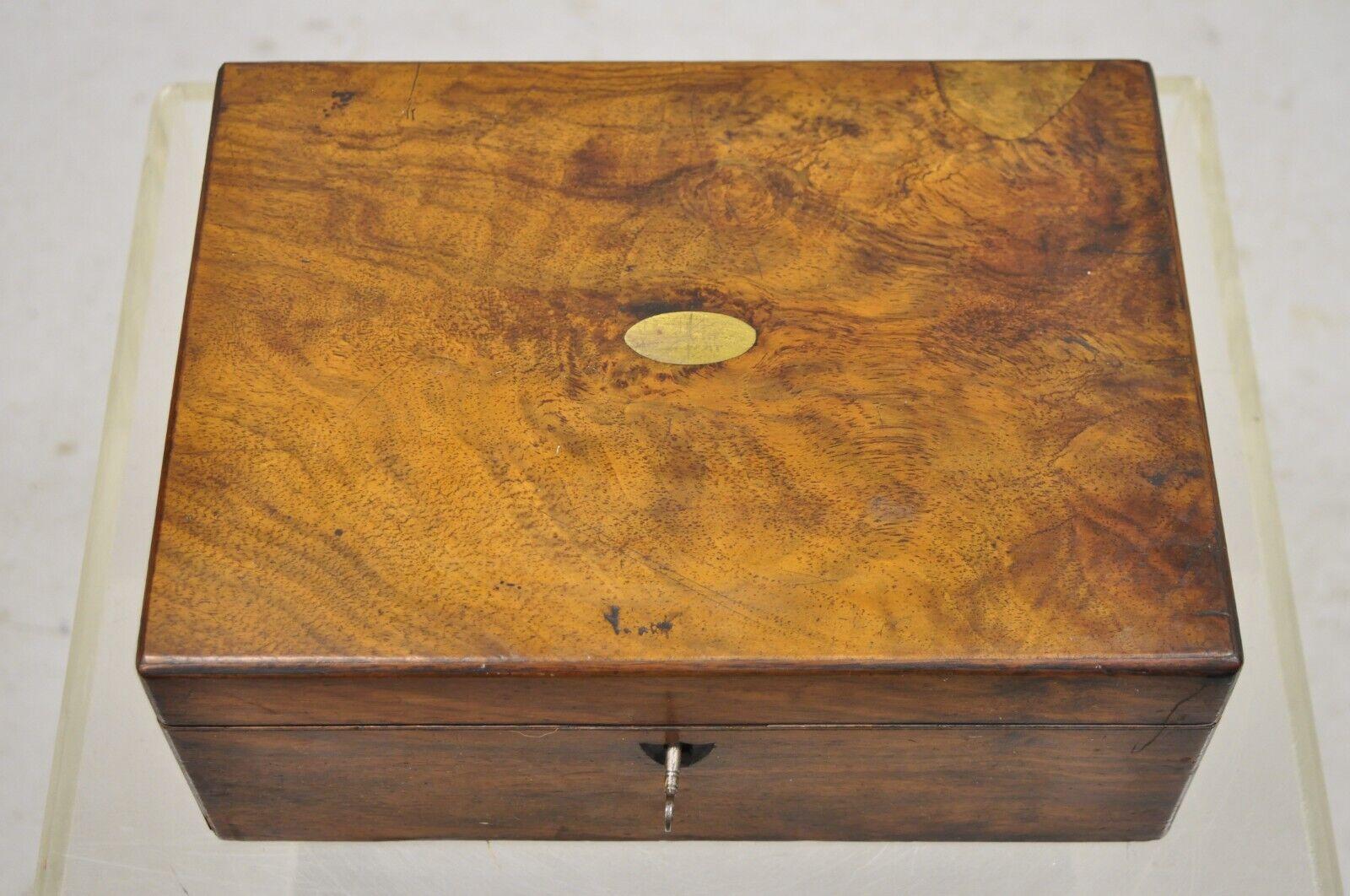 19th Century Antique English Victorian Burl Walnut Small Lap Desk Box with Fitted Interior For Sale