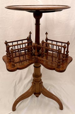 Antique English Victorian Burled Walnut Revolving Bookstand Table, Circa 1880.