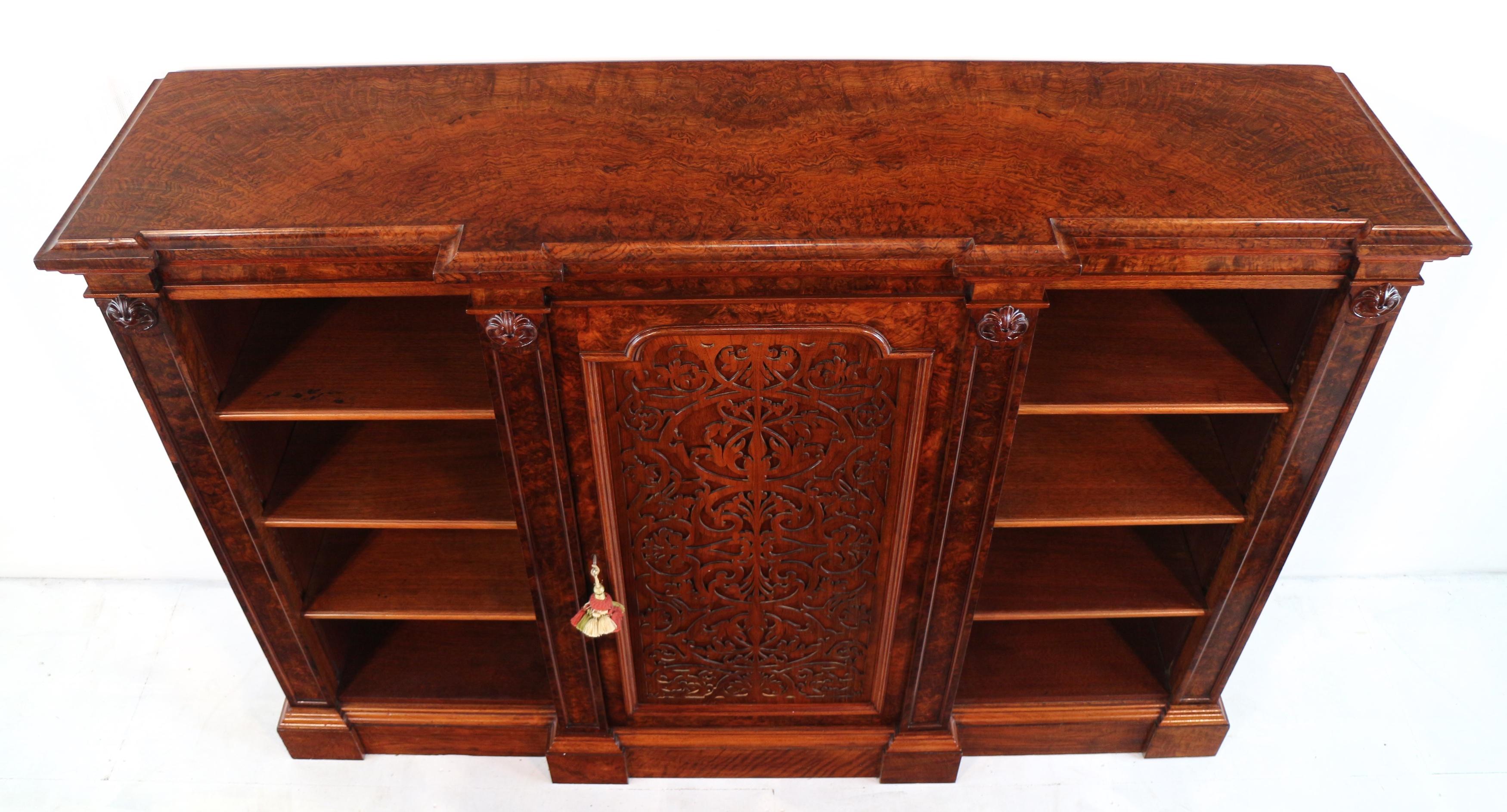 Antique English Victorian Burr Walnut Breakfront Bookcase / Side Cabinet For Sale 7