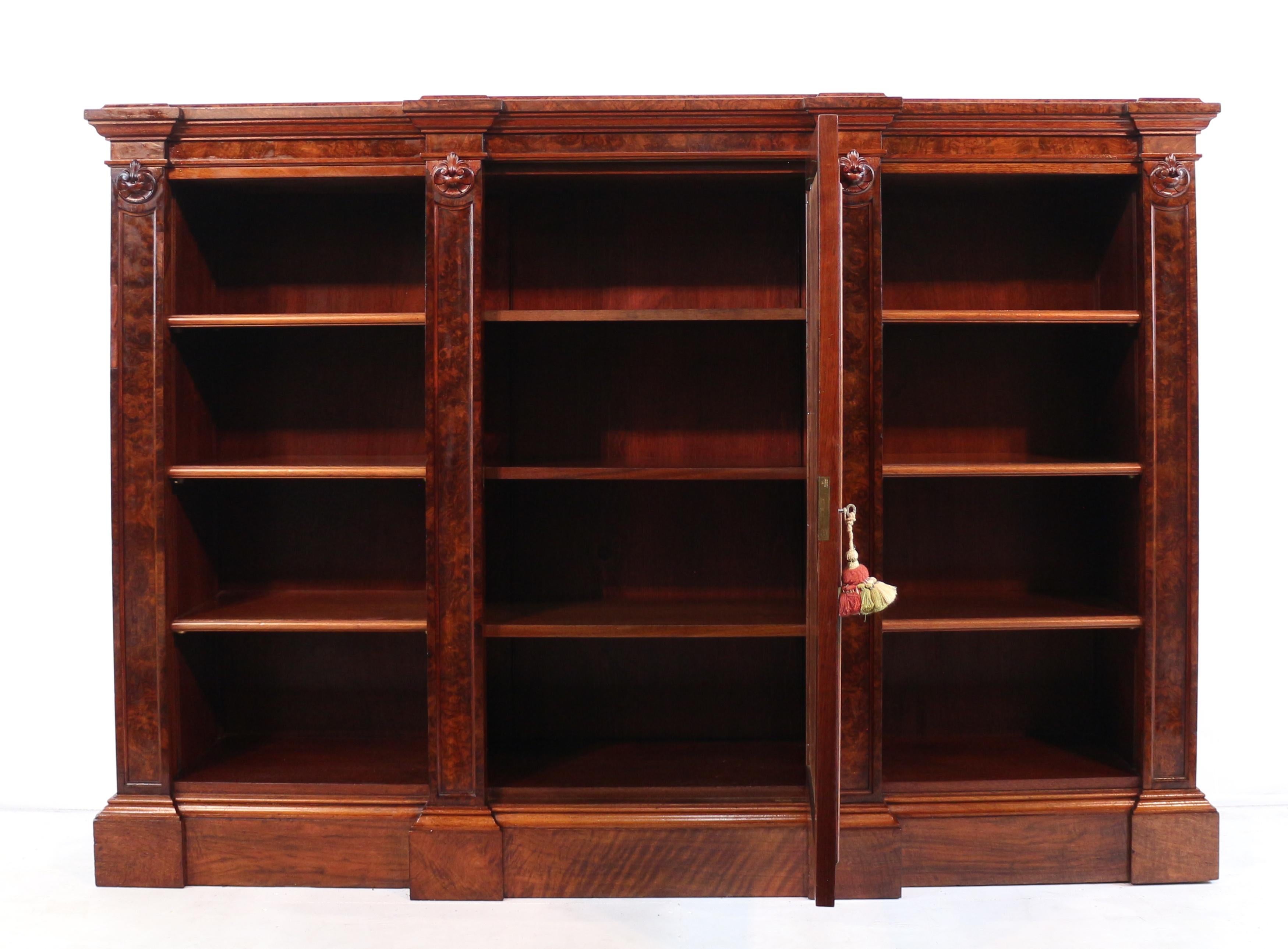 Antique English Victorian Burr Walnut Breakfront Bookcase / Side Cabinet For Sale 11