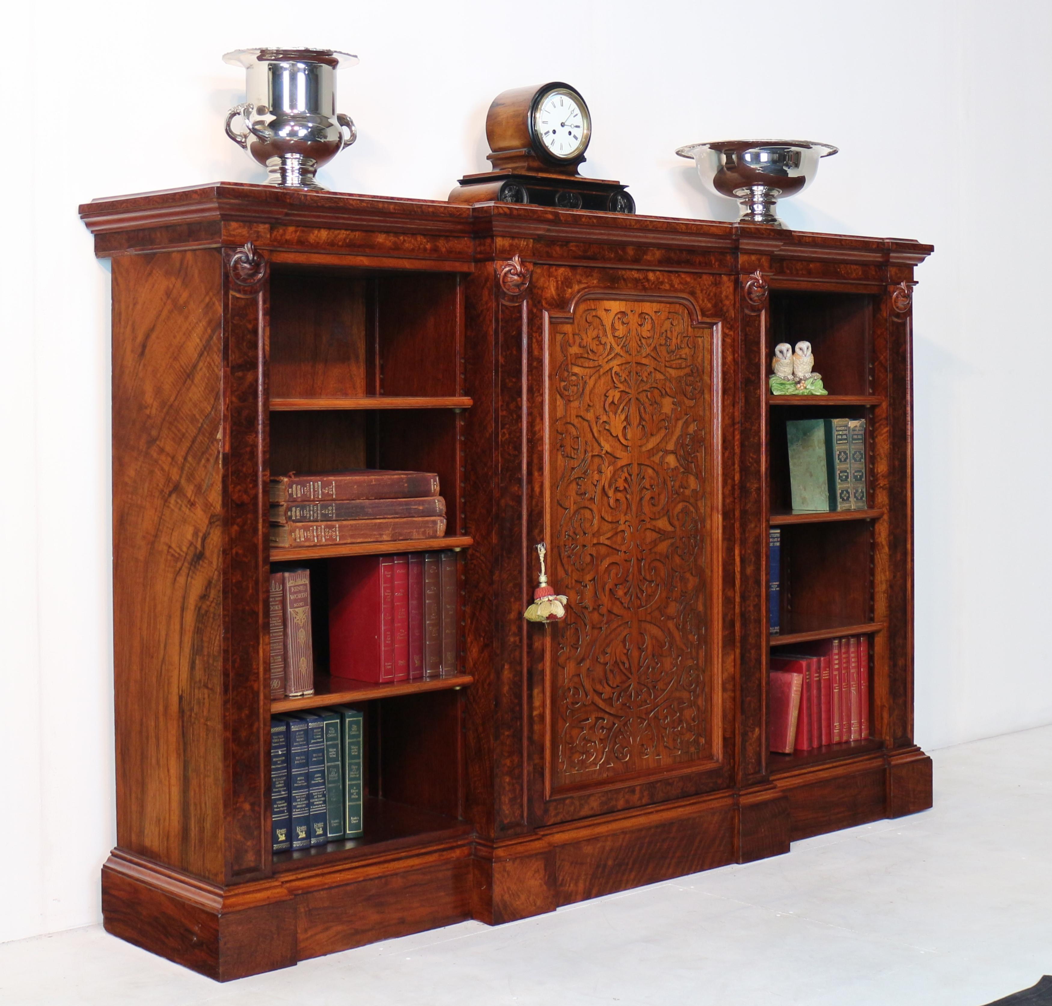 Hand-Crafted Antique English Victorian Burr Walnut Breakfront Bookcase / Side Cabinet For Sale