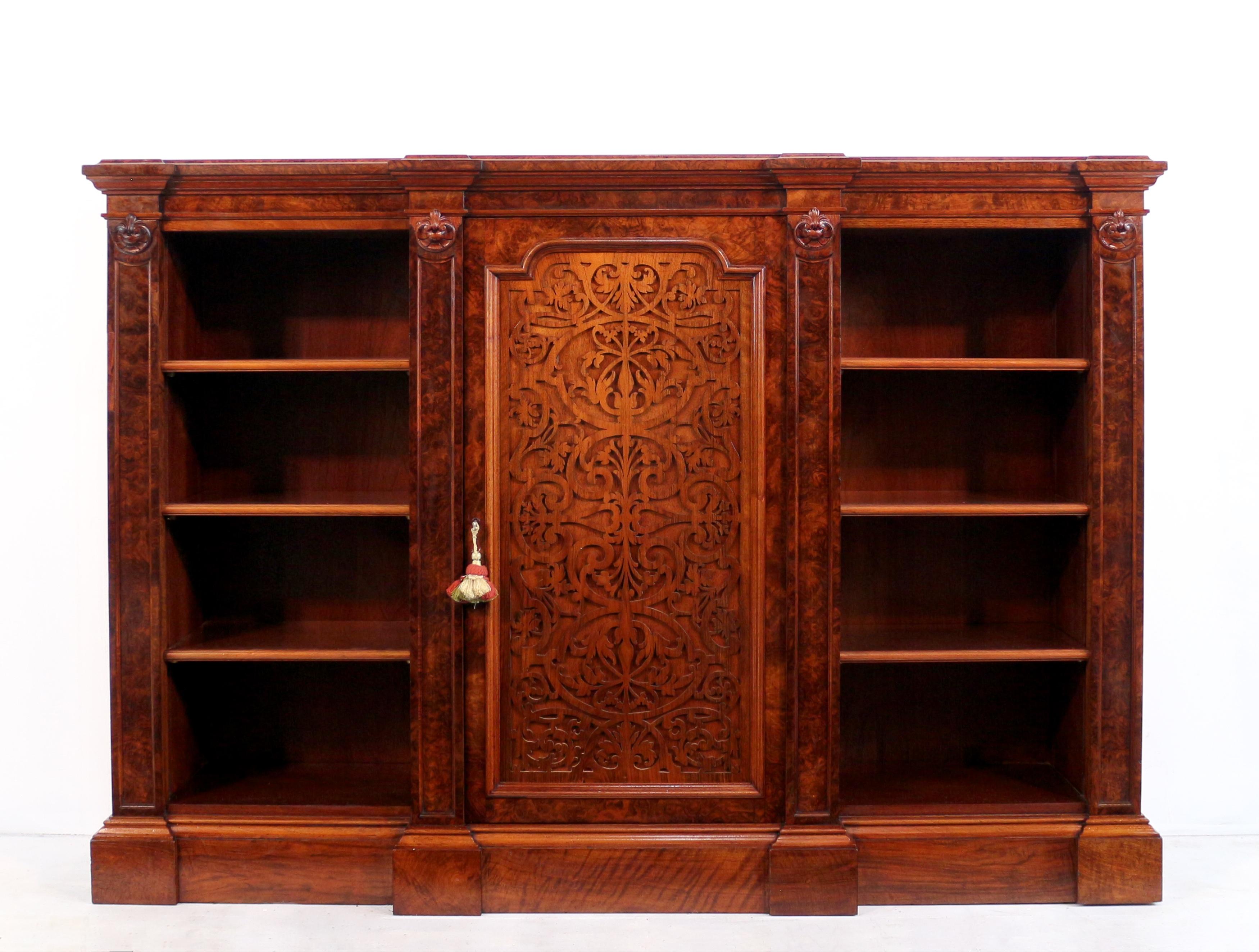 19th Century Antique English Victorian Burr Walnut Breakfront Bookcase / Side Cabinet For Sale