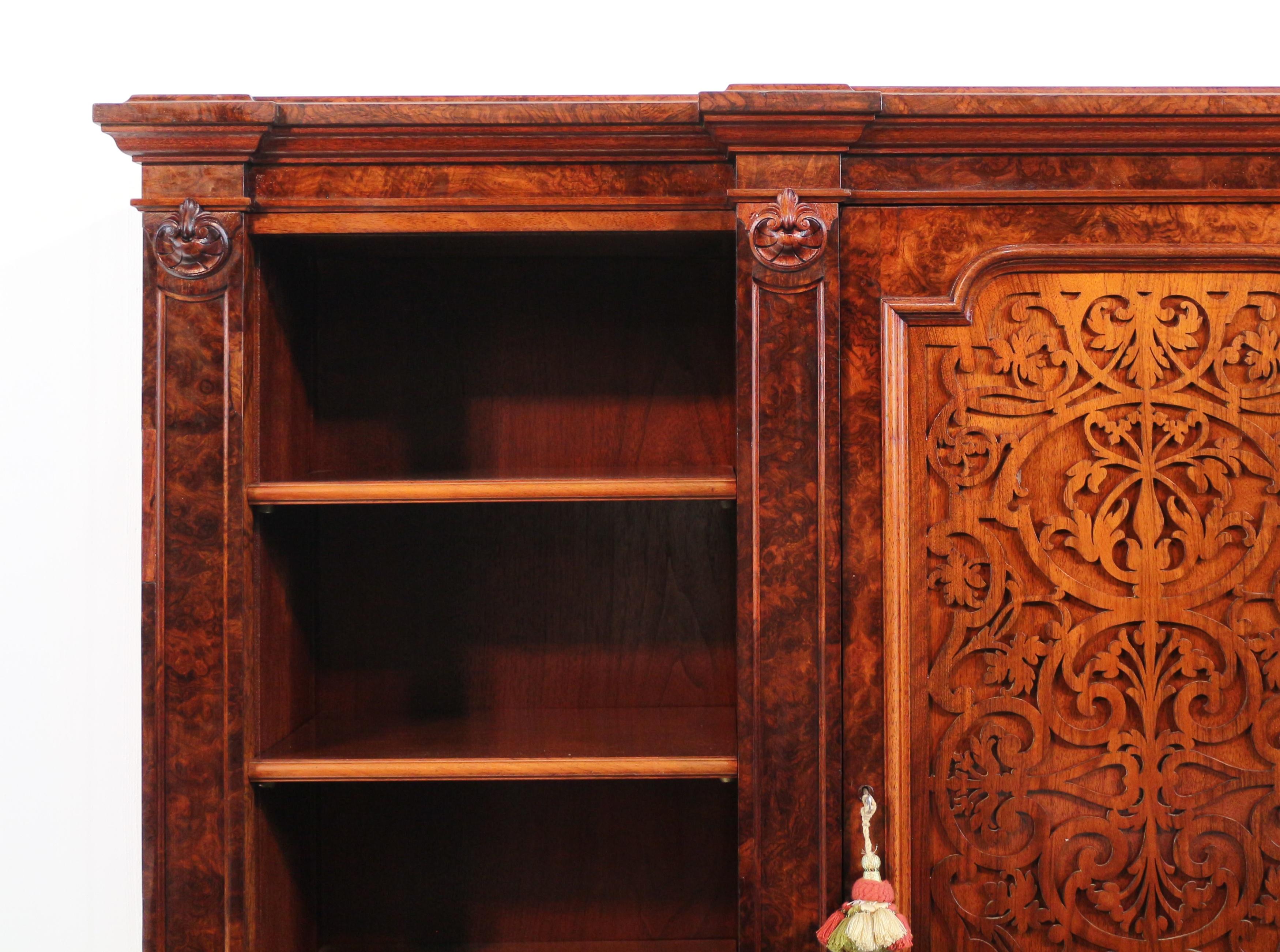 Brass Antique English Victorian Burr Walnut Breakfront Bookcase / Side Cabinet For Sale