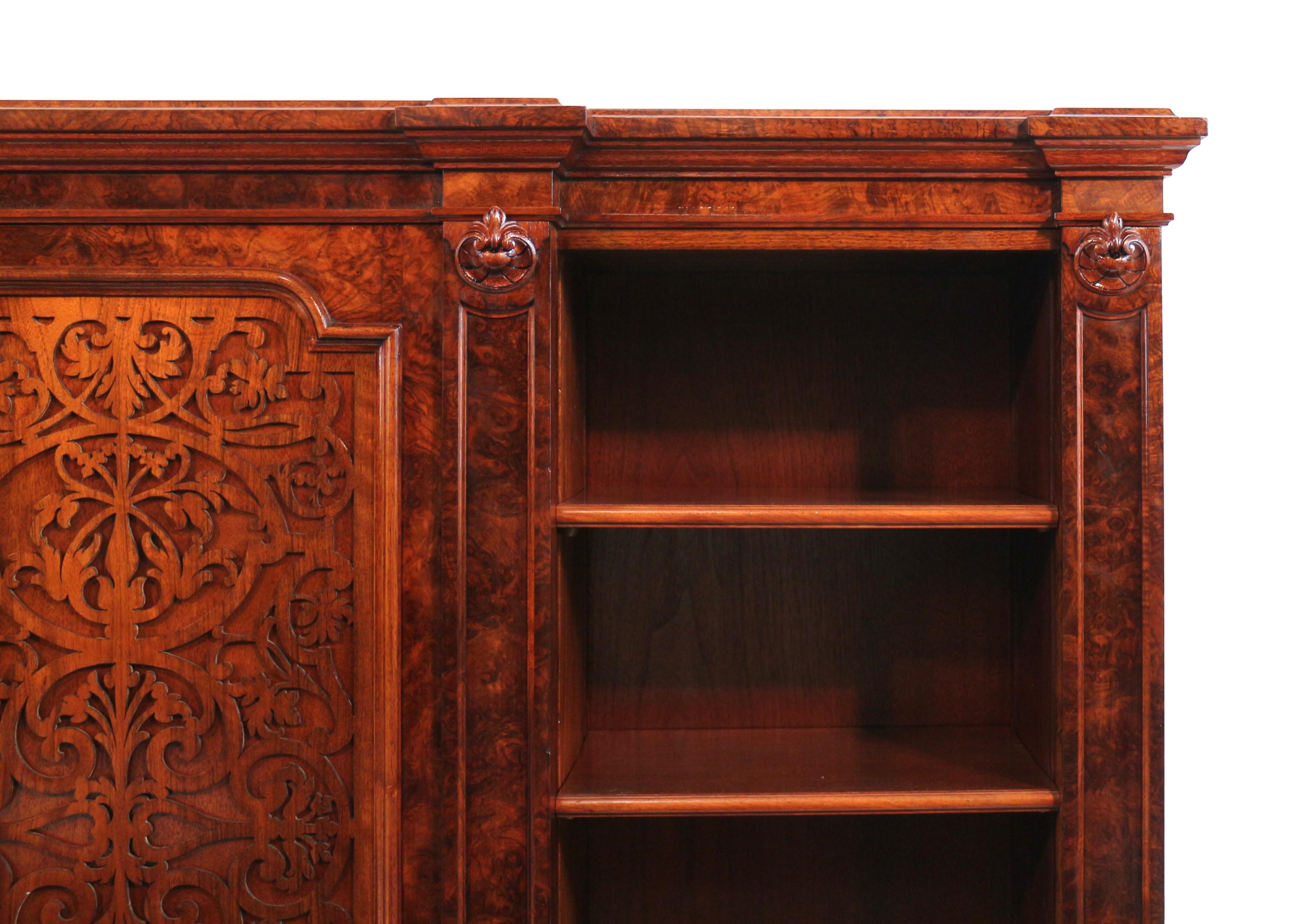 Antique English Victorian Burr Walnut Breakfront Bookcase / Side Cabinet For Sale 2