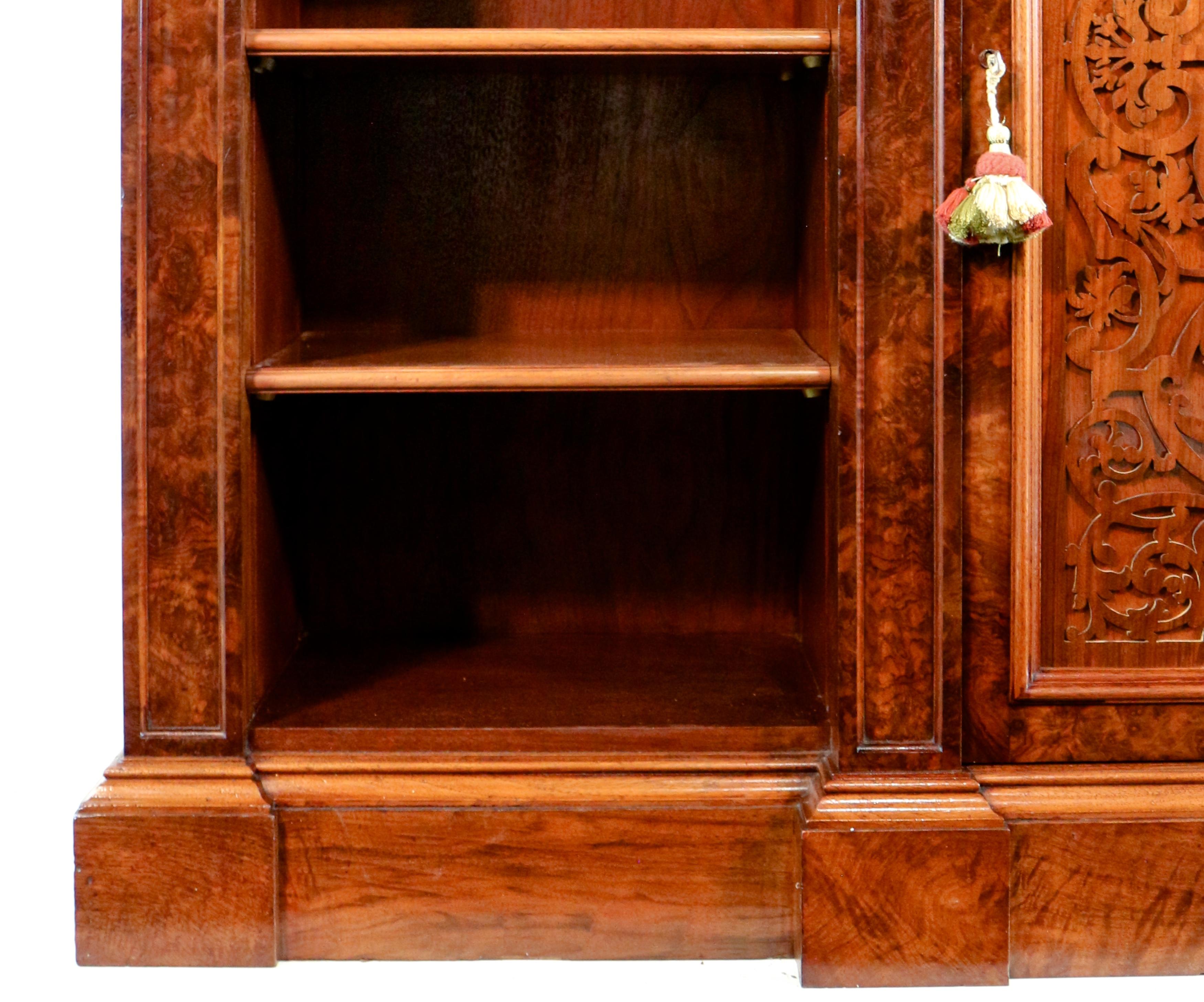 Antique English Victorian Burr Walnut Breakfront Bookcase / Side Cabinet For Sale 3