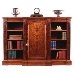 Antique English Victorian Burr Walnut Breakfront Bookcase / Side Cabinet
