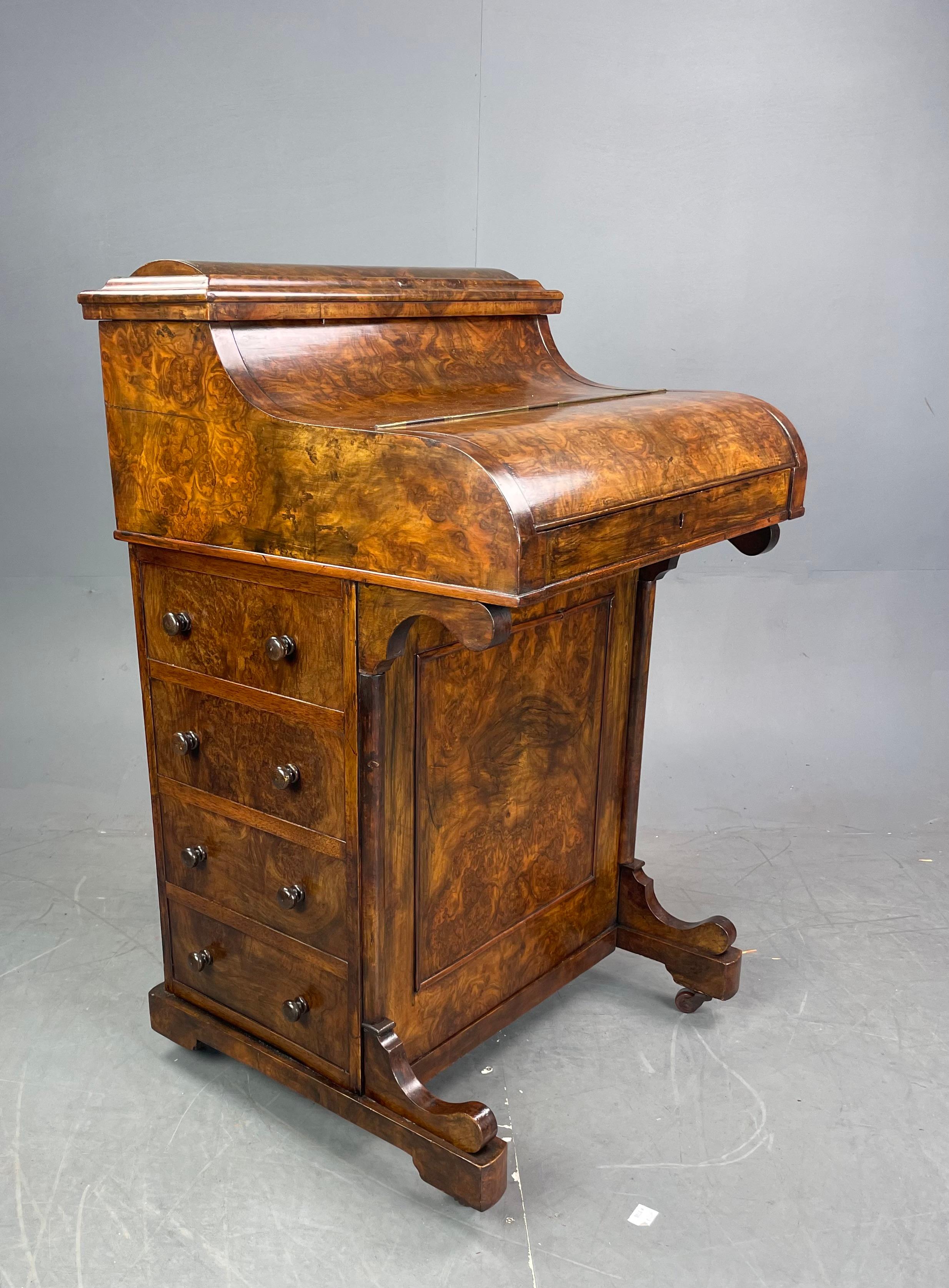 Antique English Victorian Burr Walnut Davenport Captains Desk  1