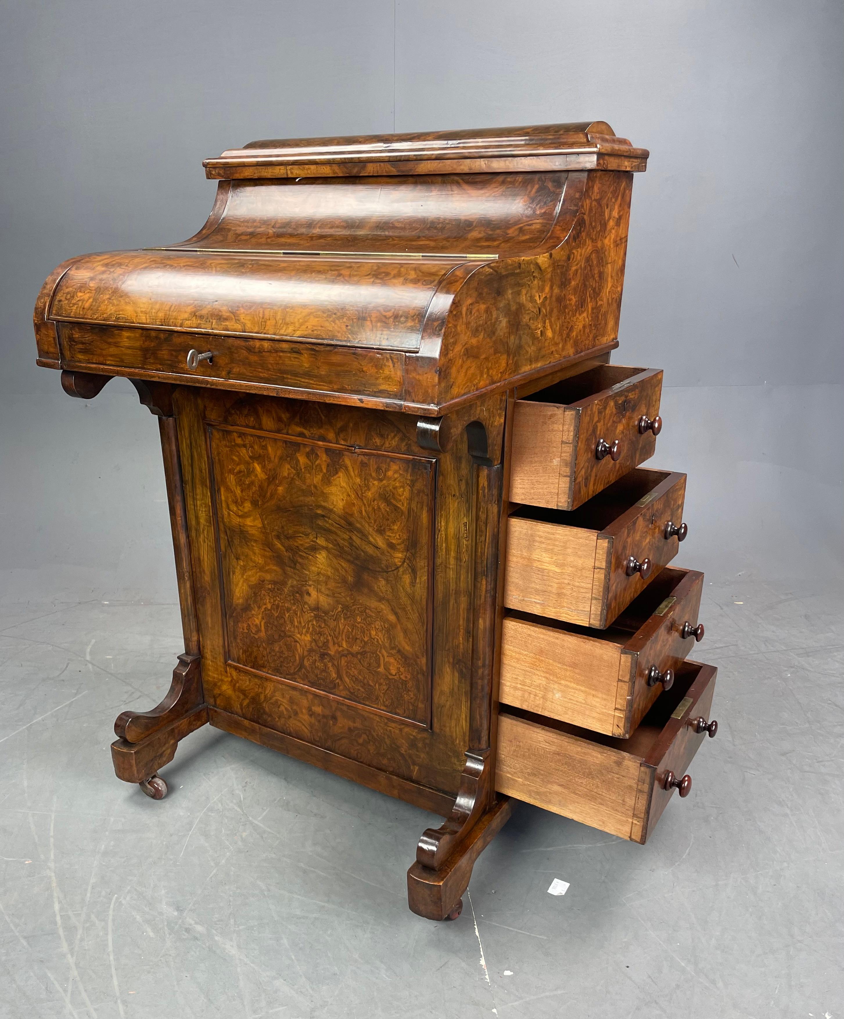 Antique English Victorian Burr Walnut Davenport Captains Desk  2
