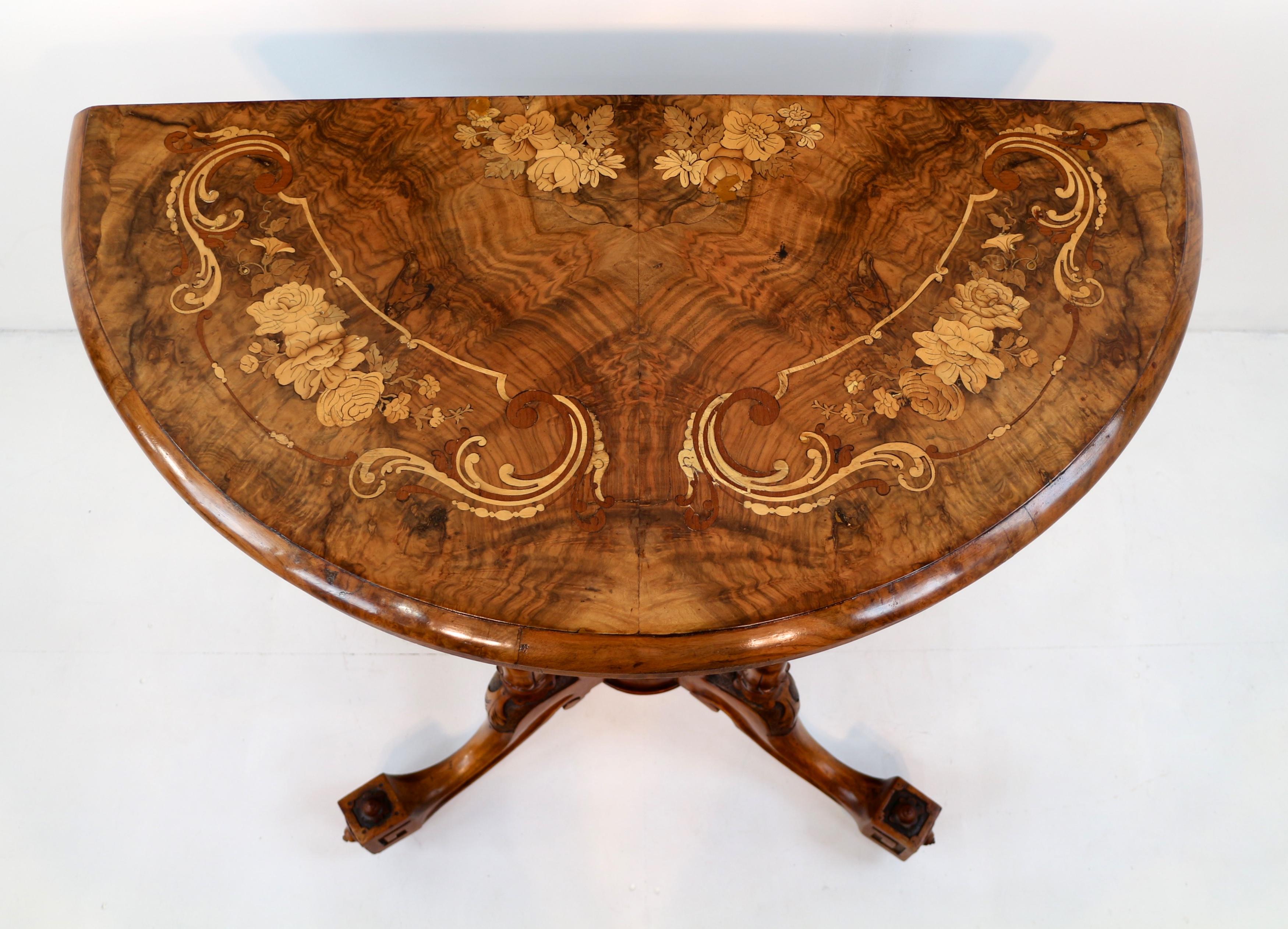 Antique English Victorian Burr Walnut & Floral Marquetry Demi-Lune Card Table For Sale 4