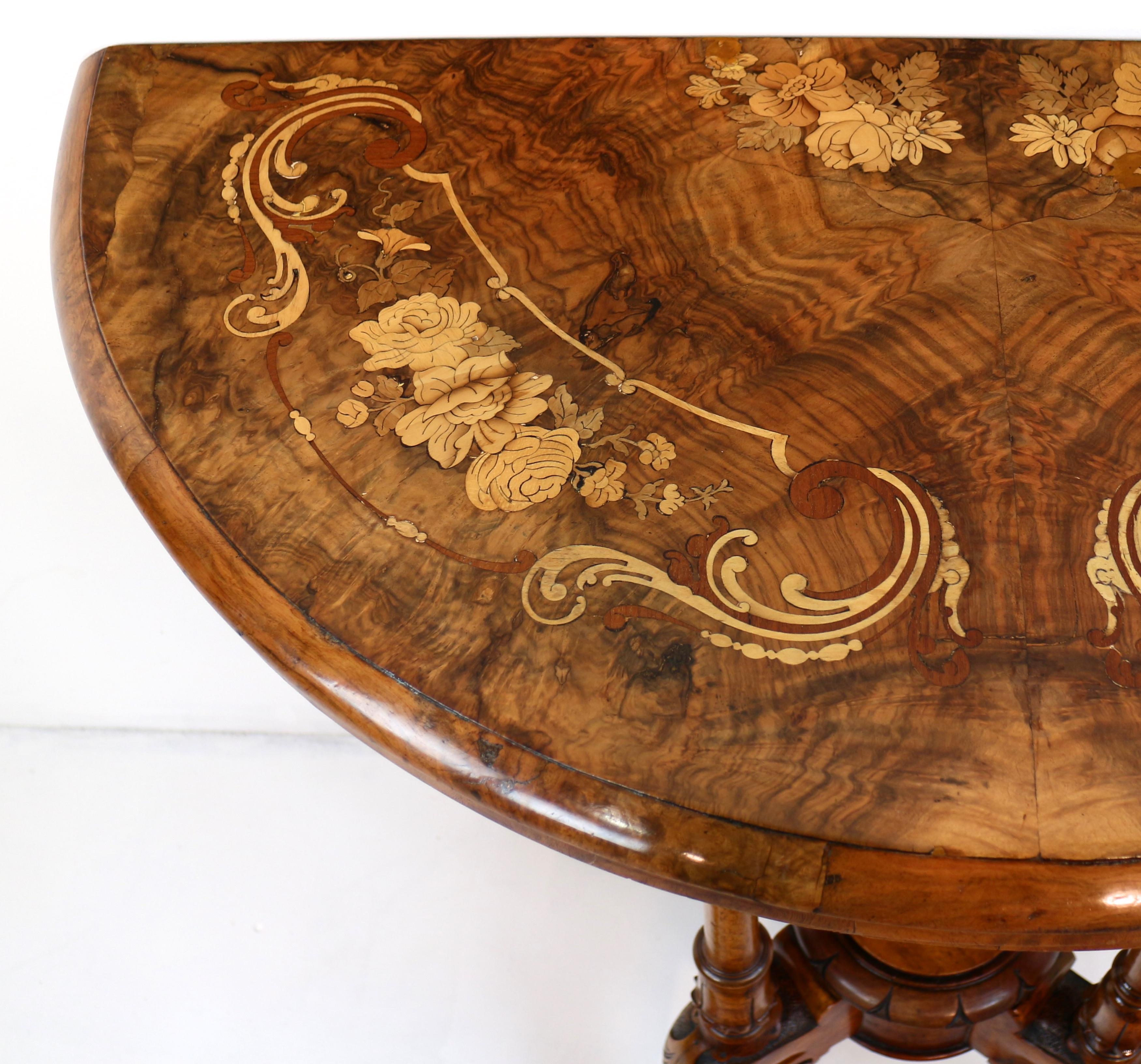Antique English Victorian Burr Walnut & Floral Marquetry Demi-Lune Card Table For Sale 5